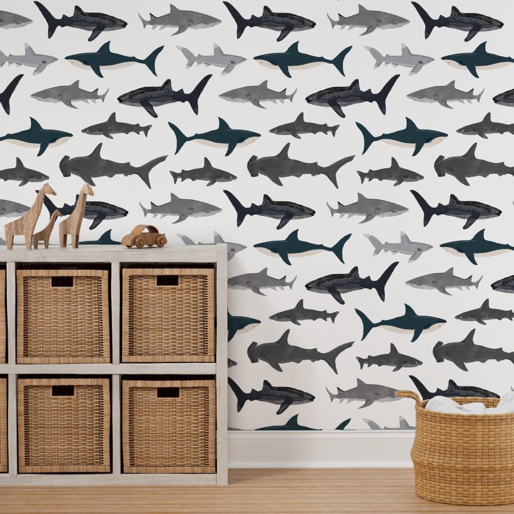 Peel & Stick Wallpaper 3ft x 2ft - Extra Large Shark Nautical Boys White Kids Ocean Sea Tiger Hammerhead Custom Removable Wallpaper by Spoonflower