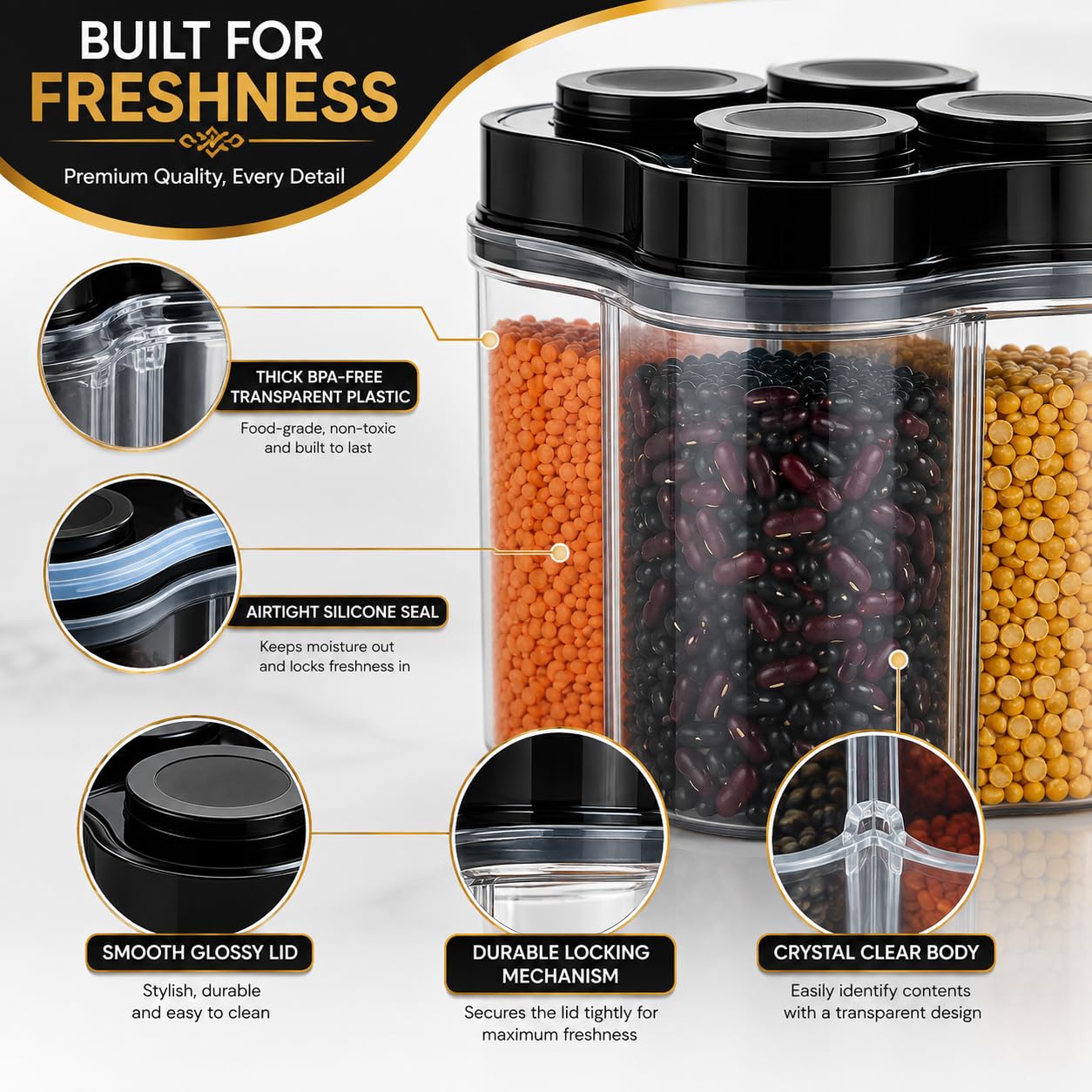 TAZLYN Contenedores 4 en 1 para almacenamiento, caja de almacenamiento de cocina para contenedores de cocina, cajas de cocina para almacenamiento en tarros de cocina y contenedores caja para