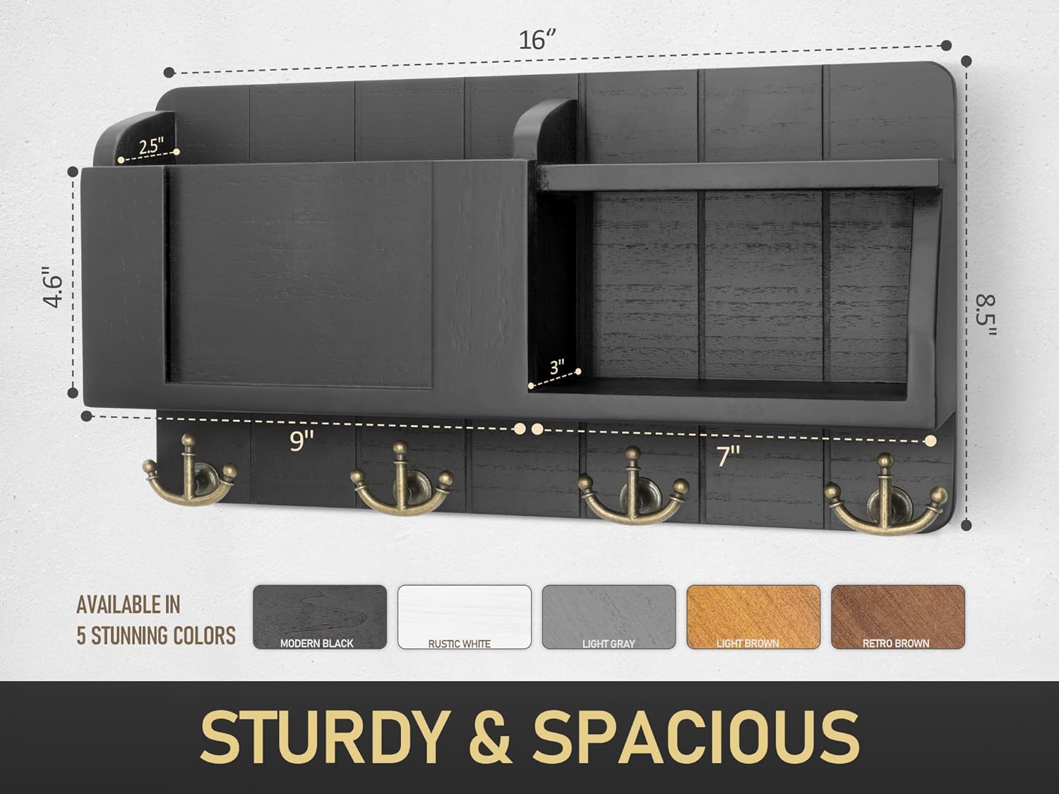 Rebee Vision Key Holder for Wall Set : 10" Key Rack with 5 Hooks & 16" Mail Organizer with Chalkboard and 4 Anchor Hooks for Home Apartment Entryway Decor - Black