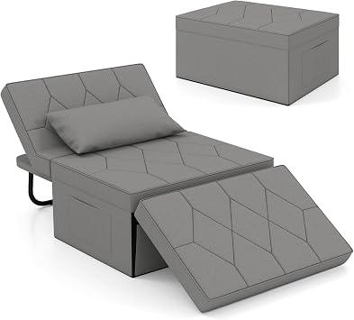 COSTWAY 4-in-1 Convertible Sofa Bed, Single Sofa Chair Sleeper Folding Ottoman with Adjustable Backrest, Retractable Legs and Pillow, Modern Tufted Lounge Couch Guest Bed Linen Fabric, Grey