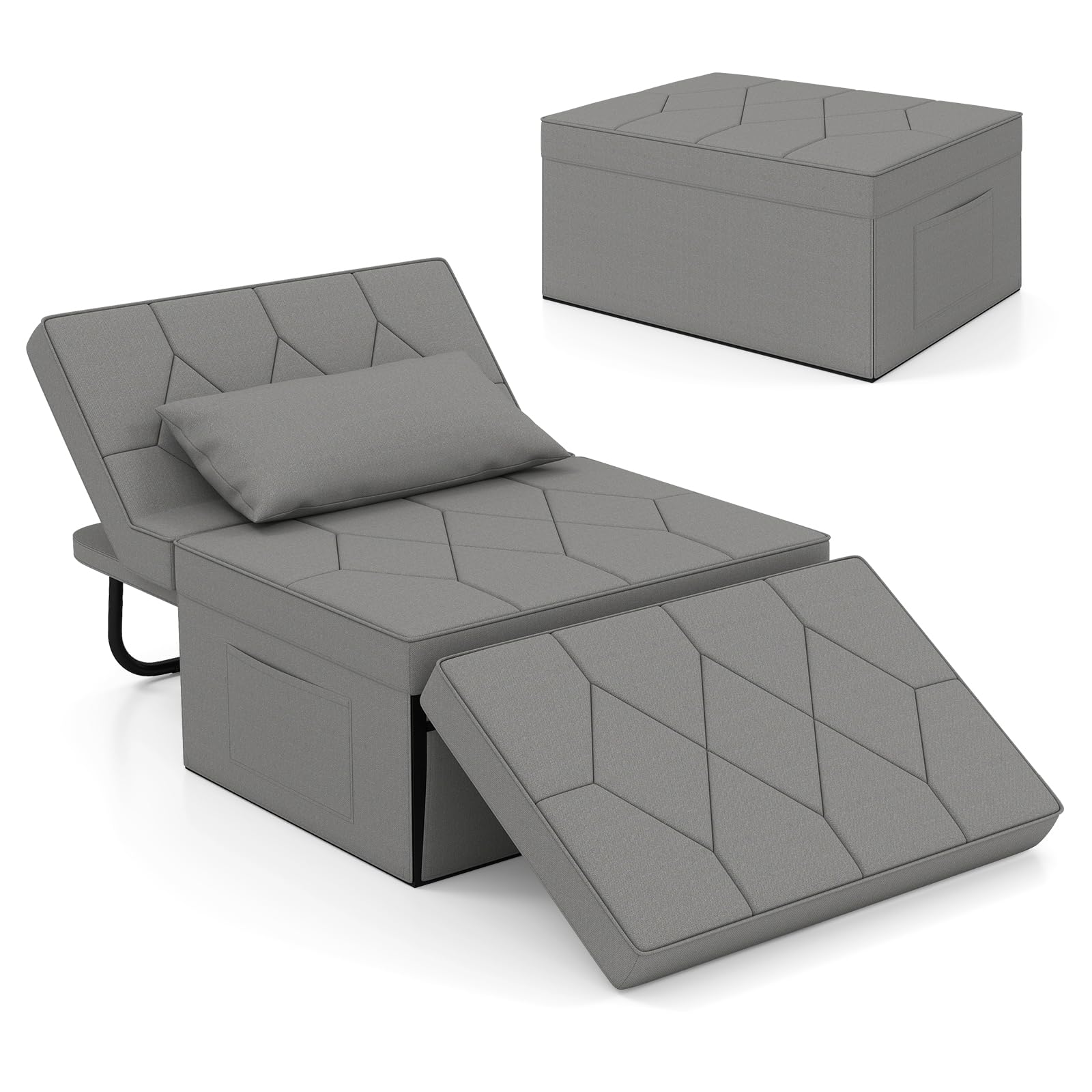 COSTWAY 4-in-1 Convertible Sofa Bed, Single Sofa Chair Sleeper Folding Ottoman with Adjustable Backrest, Retractable Legs and Pillow, Modern Tufted Lounge Couch Guest Bed (Linen Fabric, Grey) — image 1