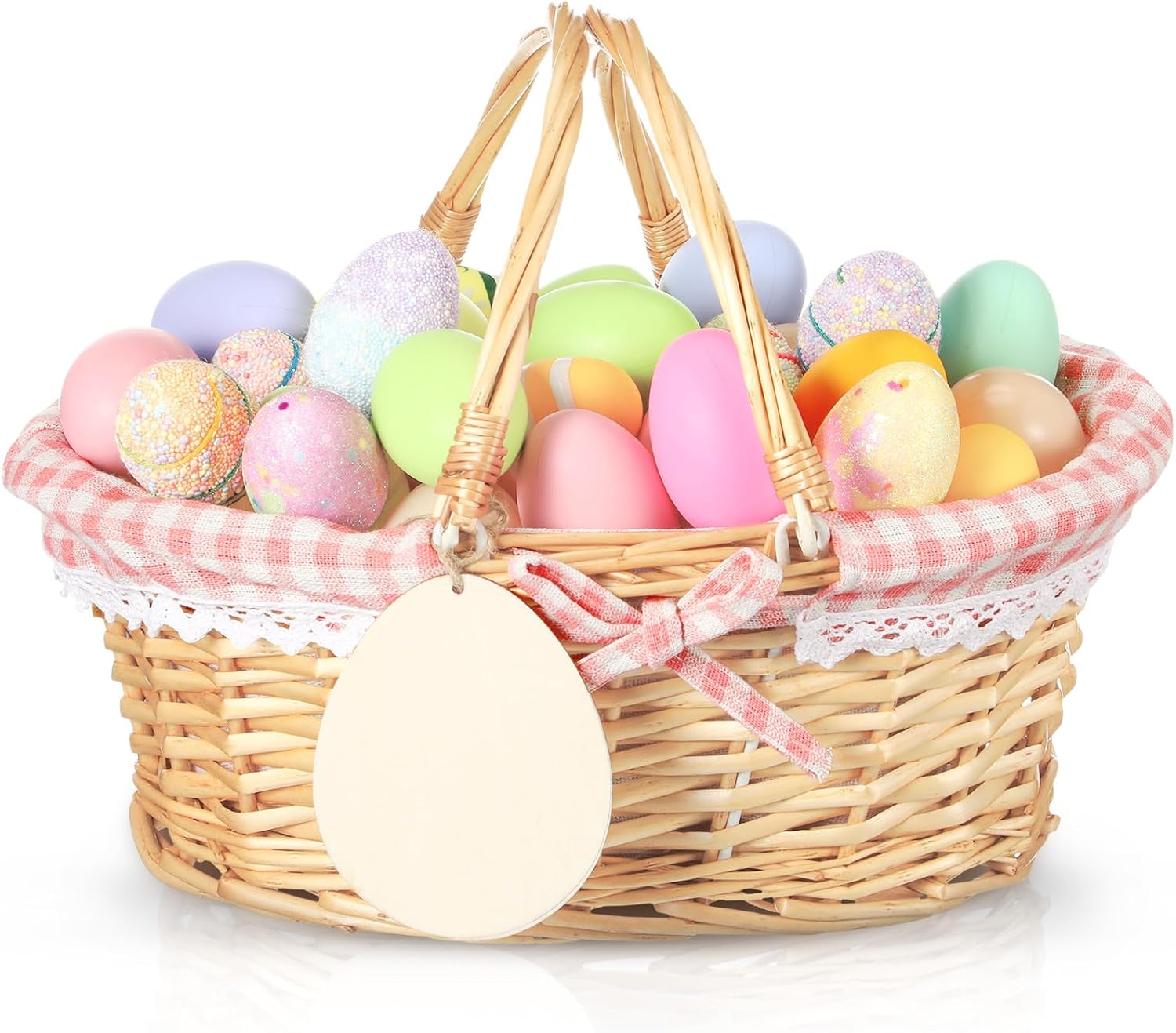 Leinuosen Easter Basket Wicker Picnic Basket with Wooden Egg Cutout Woven Candy Storage Gift Wine Baskets with Handle for Easter Egg Gathering Outdoor Camping Wedding Birthday Party Supplies(Pink)