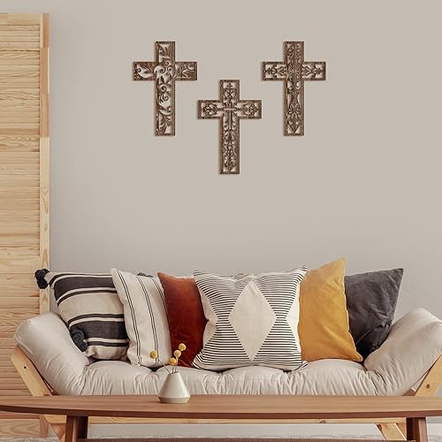 Miniatura 5 de Yookeer 3 piezas de decoración de pared de cruz de madera colgante hecho a mano antiguo religioso marrón madera decoración de pared tallada a mano