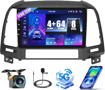 [8 Cores 4+64G] Radio for Hyundai Santa Fe 2006-2012, 9 HD Touchscreen for Santa Fe Stereo with Wireless CarPlay /1280 * 720/GPS Navigation/WiFi/Mirror Link/Bluetooth5.0 + Backup Camera