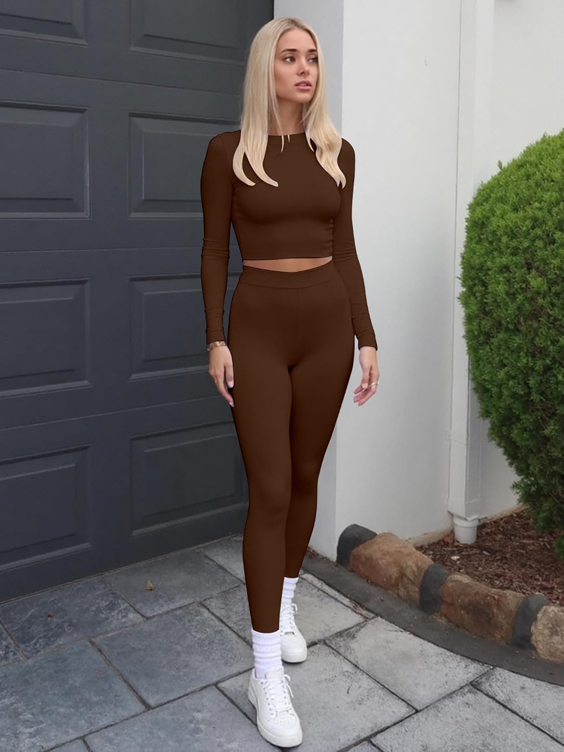 Kaximil Women's Workout Tracksuit 2 Piece Outfits Long Sleeve Crop Top High Waist Legging Pants Set - Image 4