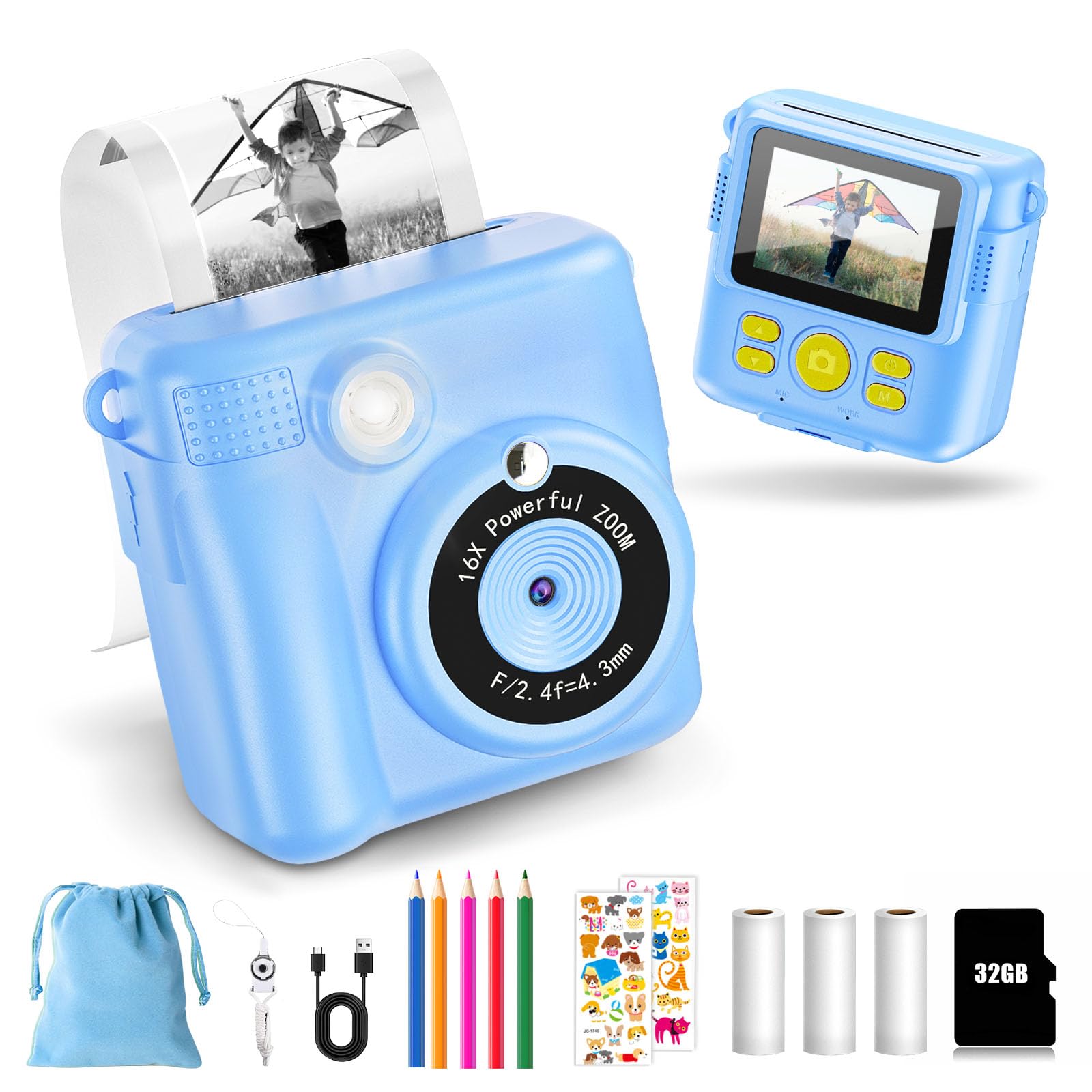 KinderKamera - Sofortbildkamera DigitalKamera Print 1080P - 16x Digitalzoom 2.4" Bildschirm - 32GB Karte - 3 Rollen Druckpapier - mit Aufbewahrungstasche Weihnachten Geschenk für Kinder 3-12 Jahren