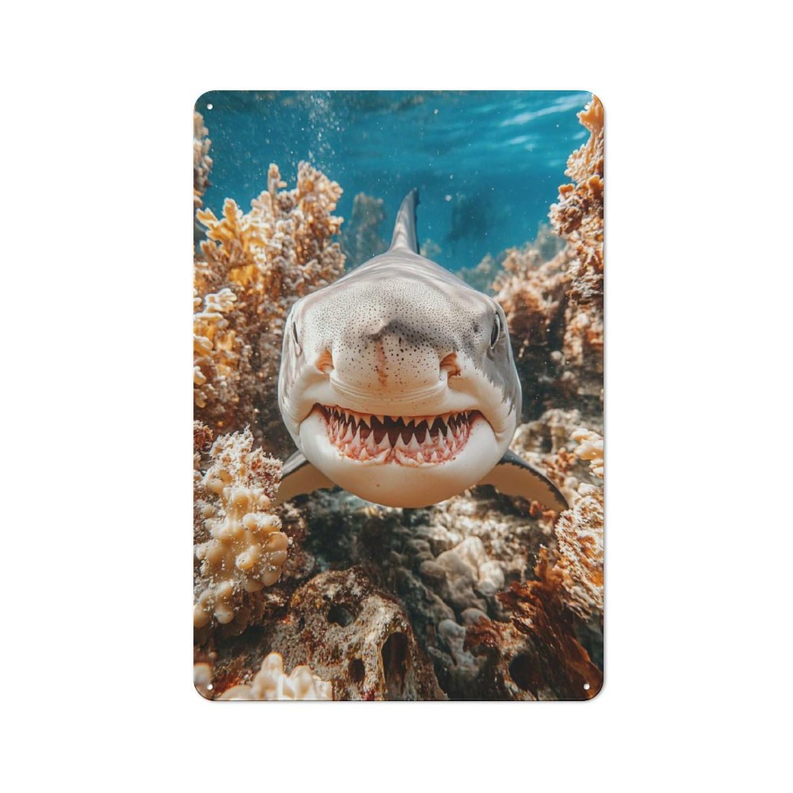Junmoney Style Garden Shark Portrait Underwater With Coral Reef Tin Sign 30X20cm, Porch Wall Decor For Patio Bar, Workshop, Shed Or Kitchen