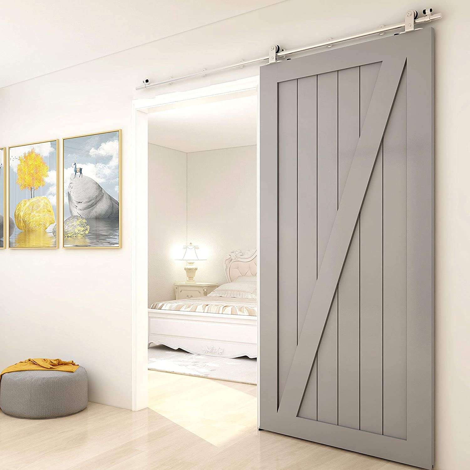 TSMST Binario scorrevole in acciaio inox, 228 cm, per porte in legno, senza intoppi e silenziosi (gancio a forma di T)