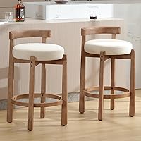 LukeAlon Mid-Century Linen Counter Stools Set of 2 - 26.5" Upholstered Low Back Barstools w/ Wood Legs & Footrest, Beige Kitchen Island Stools