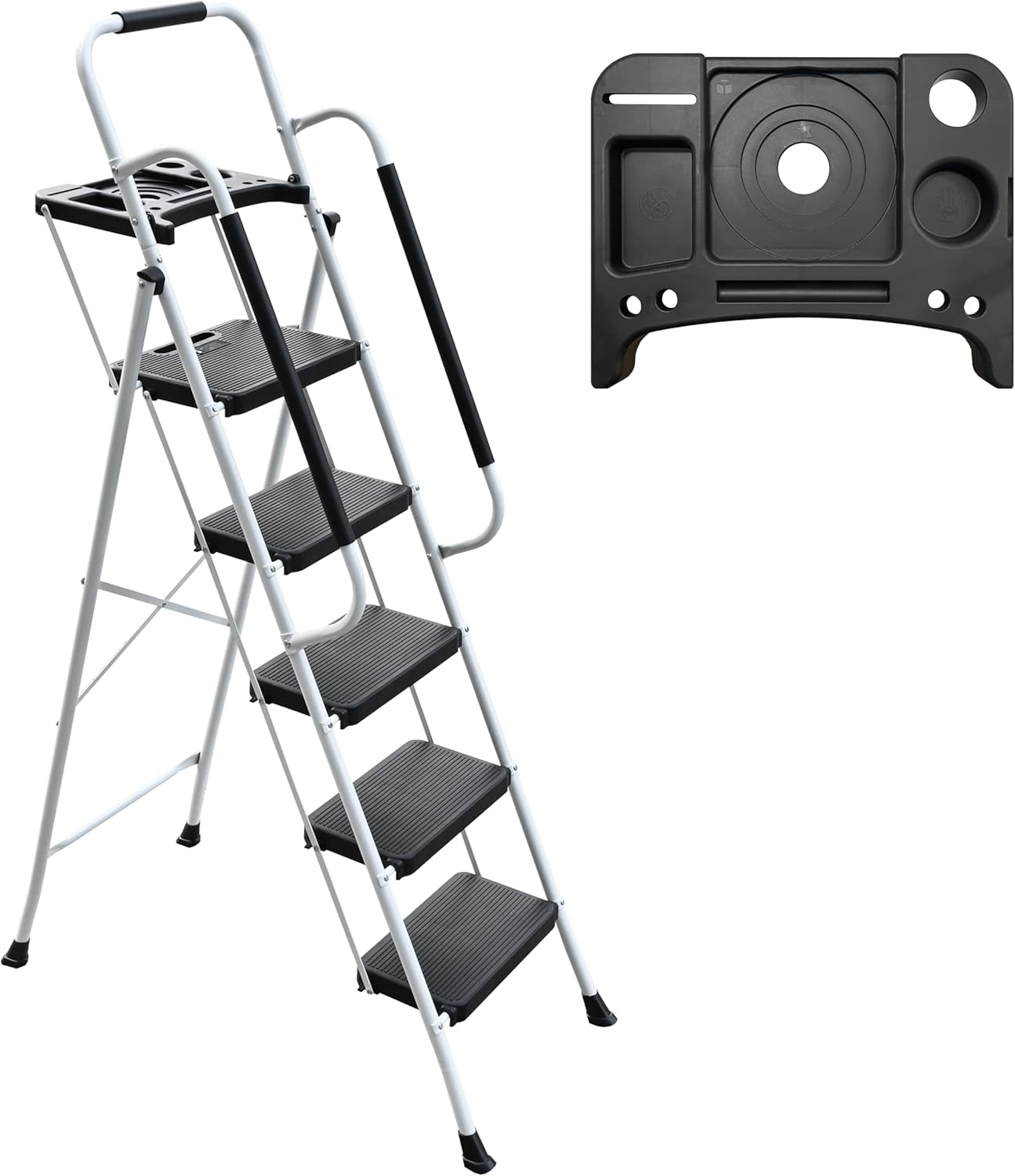 WiberWi 4 Step Ladder with Handrails Folding Step Stool with Tool Plateform, 330 lb Capacity Step Stools for Adults Portable Ladder for Home Kitchen Steel Frame with Non-Slip Wide Pedal, Grey