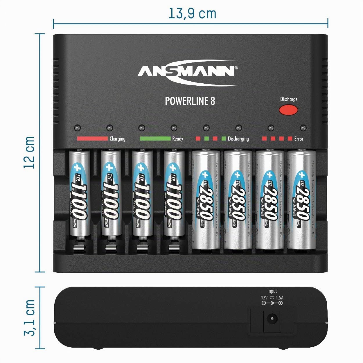 ANSMANN Caricabatterie Powerline 8 universale - Caricatore 1-8 batterie ricaricabili stilo AA e ministilo AAA - Caricabatteria USB Smartphone Tablet