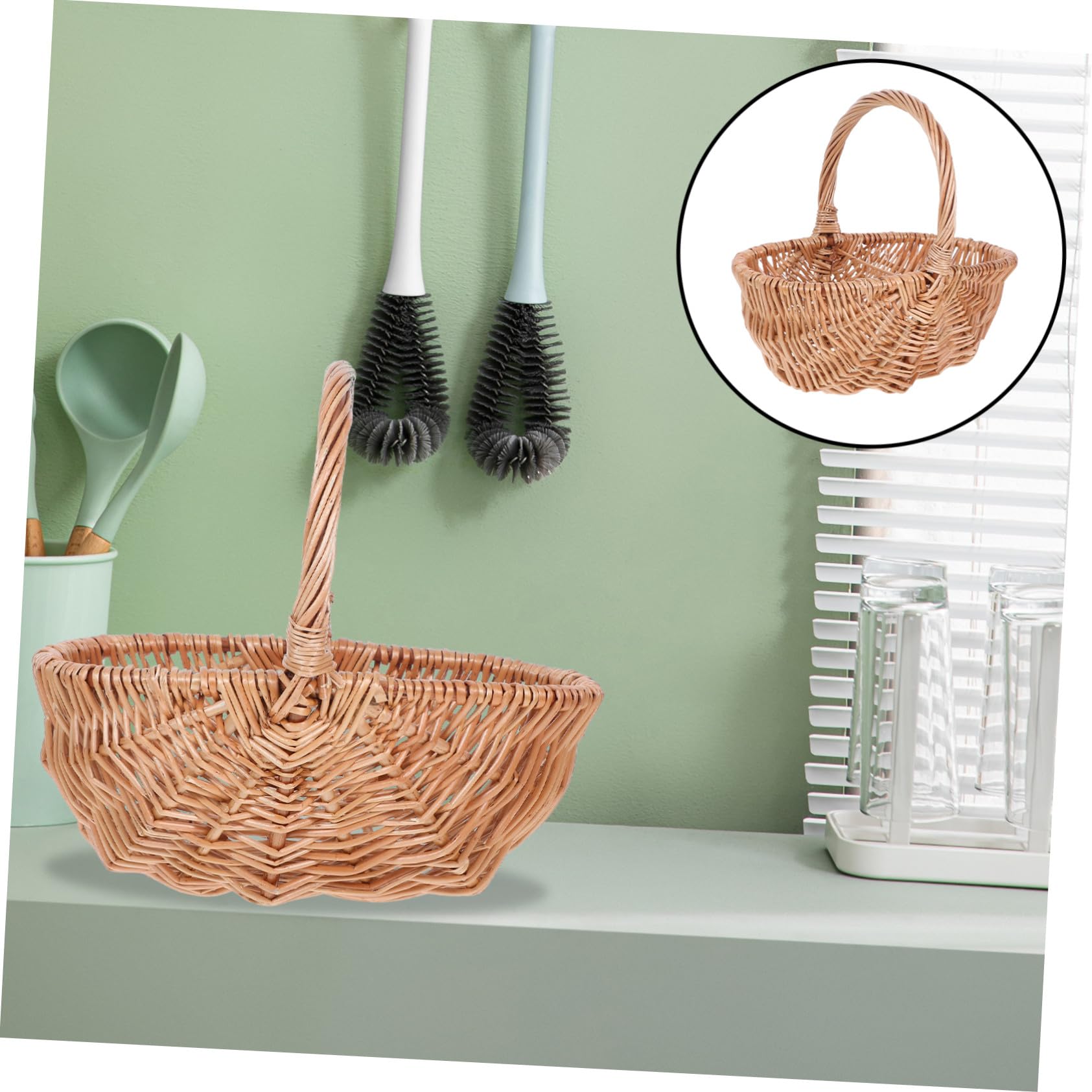 Cesta De Mimbre Tejida a Mano para Picnic y Recolección Cesta Pequeña Ovalada De Sauce Natural De 27 Cm con Asa Portátil para Huevos Frutas y Verduras Al Aire Libre