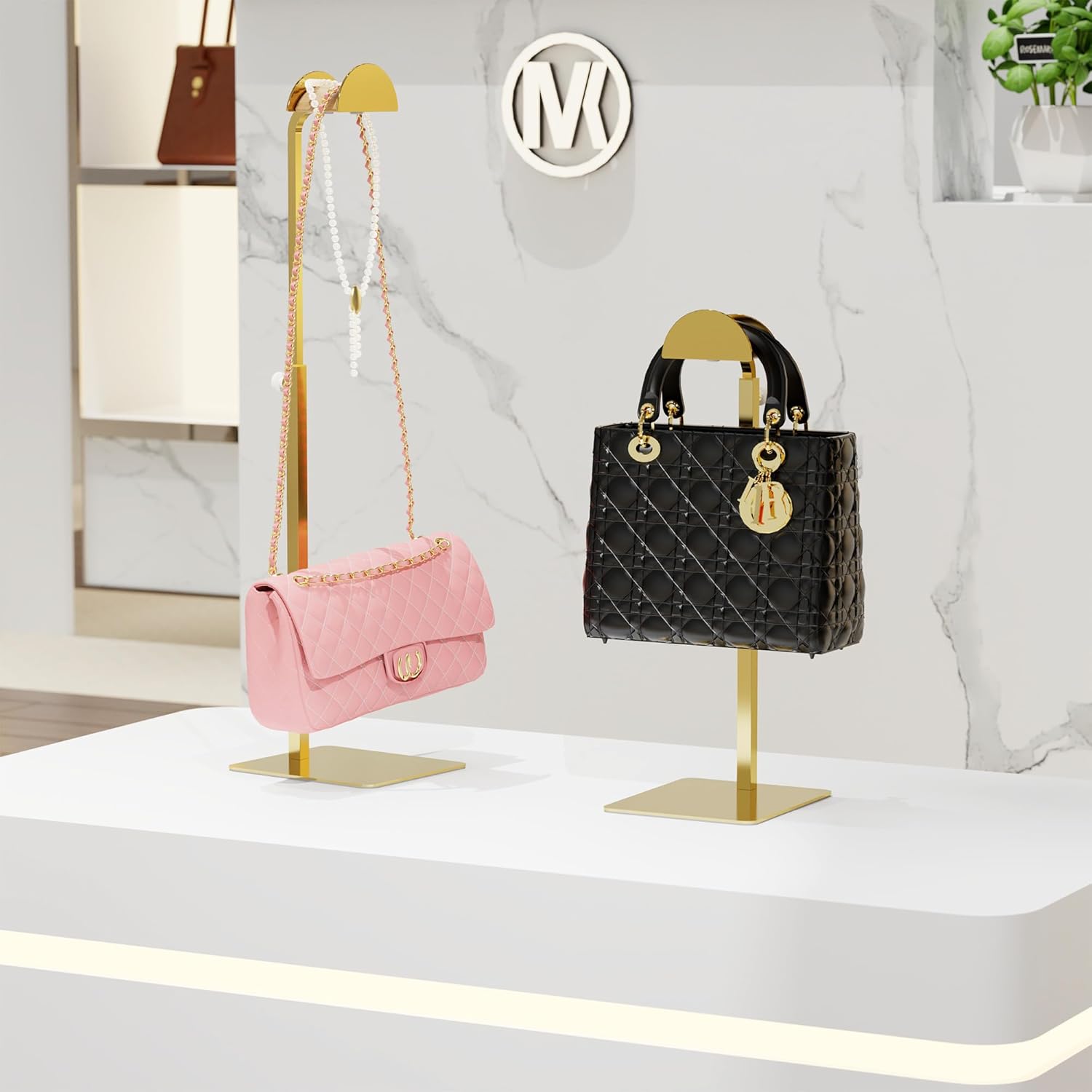 3 Pack Purse Display Stand, Adjustable Height 14.27"–24" Handbag Stand Stainless Steel with Wood Hook for Closet, Vanity & Retail Display – Gold