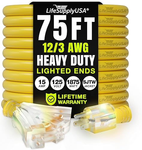 Miniatura 9 de LifeSupplyUSA - Cable de extensión de alimentación de 3 pies para exteriores e interiores, impermeable, 3 salidas, SJTW, calibre 12, 15 amperios,