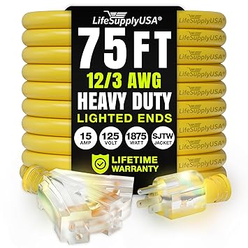 LifeSupplyUSA 12/3 Wire Gauge Tri-Source SJT Indoor Outdoor Vinyl Lighted Electric Extension Cord, (75 Feet)