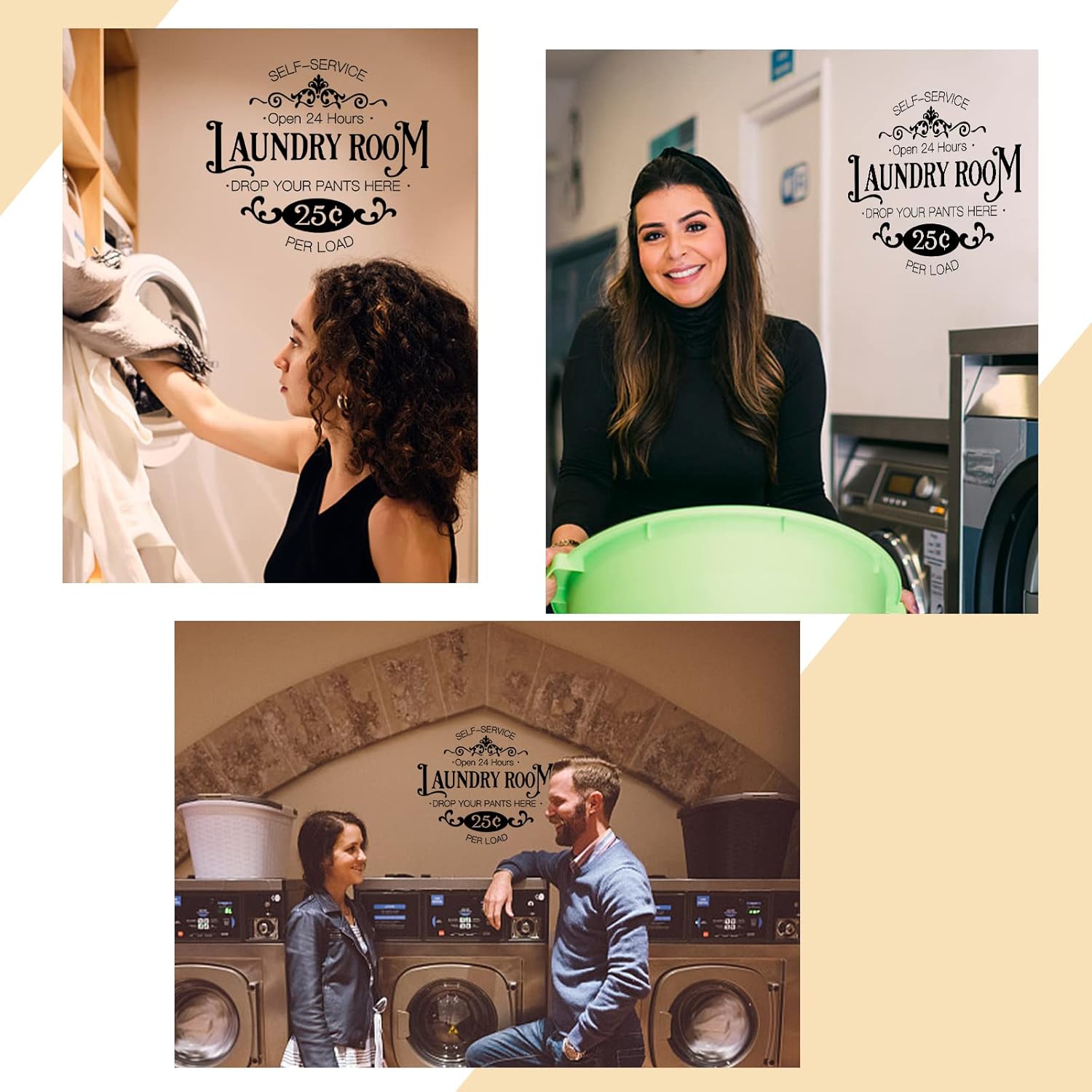 SUPERDANT Self-Service Laundry PVC Wall Sticker Open 24 Hours Drop You Pants Here Art Lettering Self-Service Laundry Vinyl Wall Decal Vintage PVC Wallpaper Art for Laundromat Decor 16.5x11.4in - Image 6