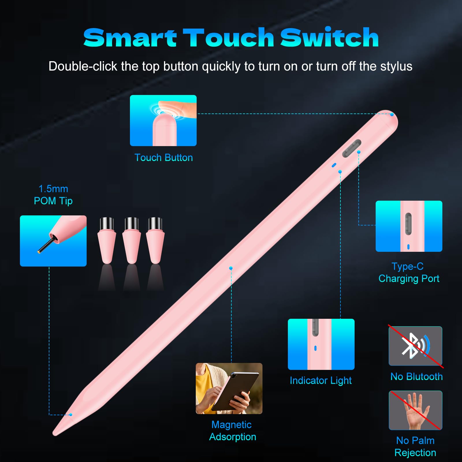 Lápiz capacitivo activo para pantallas táctiles con diseño magnético, recargable, universal, lápiz capacitivo de punta fina para iPad Pro/Air/Mini/iPhone/iOS/Android/tabletas, escritura y