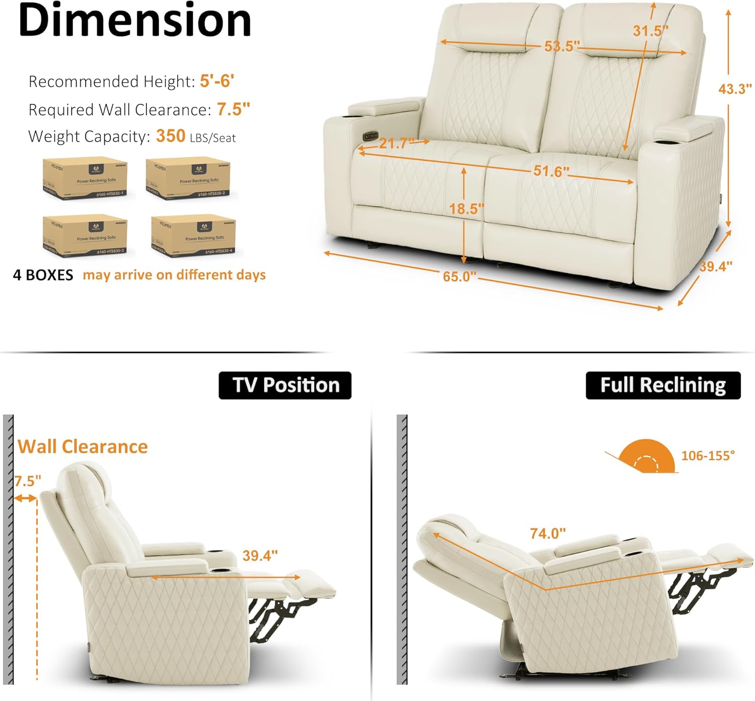 MCombo 65" Zero Gravity Oversized Power Reclining Loveseat with Adjustable Headrest for Living Room, Double Recliner Sofa with USB & Type C Port, Armrest Storage & LED Light HTS401SET