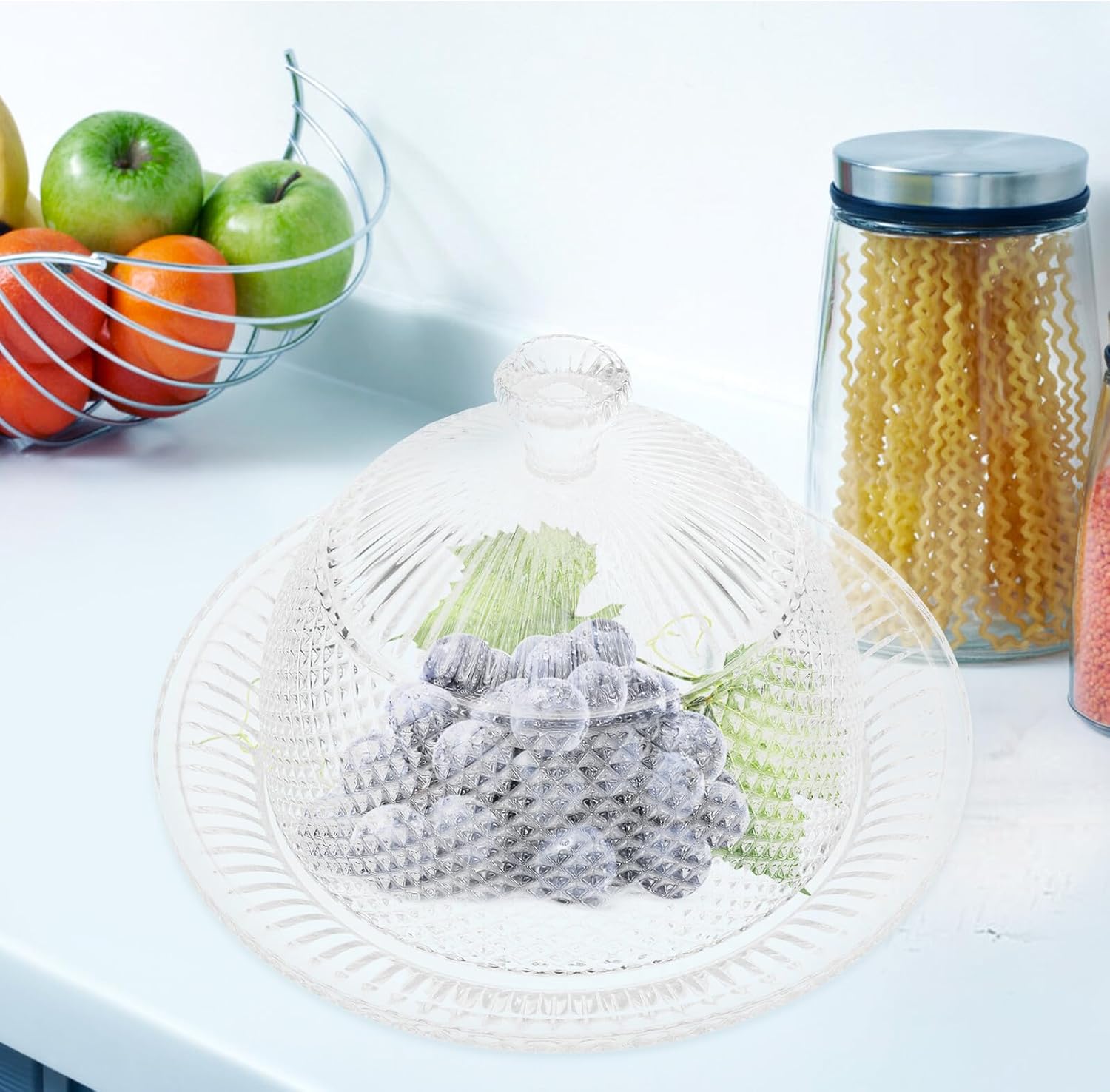 Glass Cake Display Plate with Dome Cover, European Style Glass Dessert Stand Tray with Lid for Home and Party Use, Protective Cake Dome for Fruit and Pastry Serving