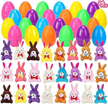 24 Pcs Filled Easter Eggs with Plush Bunny,Colorful Easter Eggs Prefilled with Plush Bunnies,Plush Animals Stuffed Toy for Kids Toddlers Easter Egg Hunt,Easter Basket Stuffers and Easter Party Favors