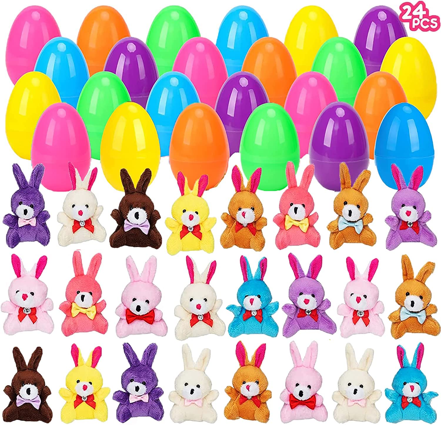 24 Pcs Filled Easter Eggs with Plush Bunny,Colorful Easter Eggs Prefilled with Plush Bunnies,Plush Animals Stuffed Toy for Kids Toddlers Easter Egg Hunt,Easter Basket Stuffers and Easter Party Favors