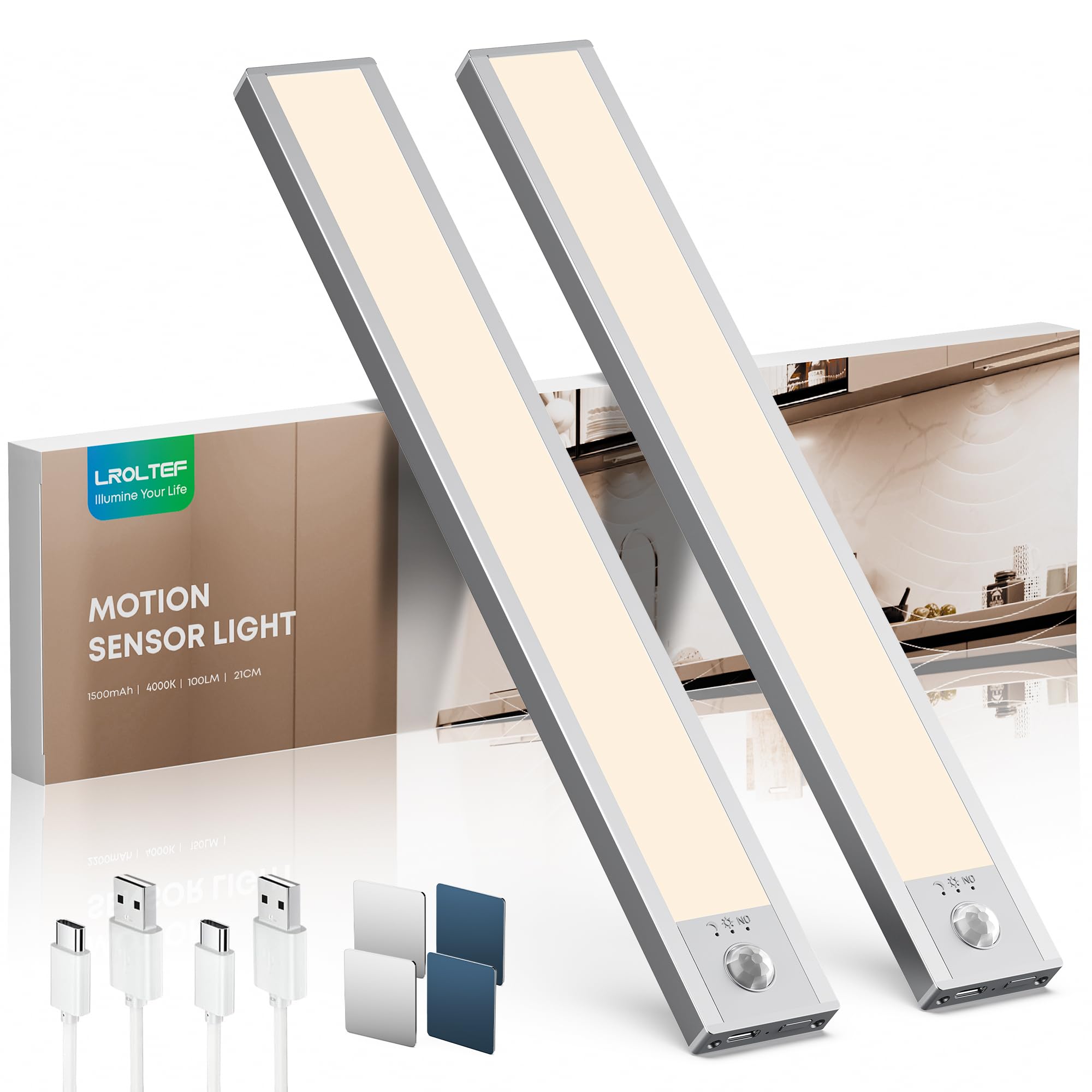 LROLTEF Luce LED Sottopensile Cucina 4000K 21CM Sensore di Movimento per Luci 1500mAh 32 LED Luce Armadio Lampada Dimmerabile per Cucina Scale Soggiorno Bagno Camere da Letto | 2 Pezzi Argento