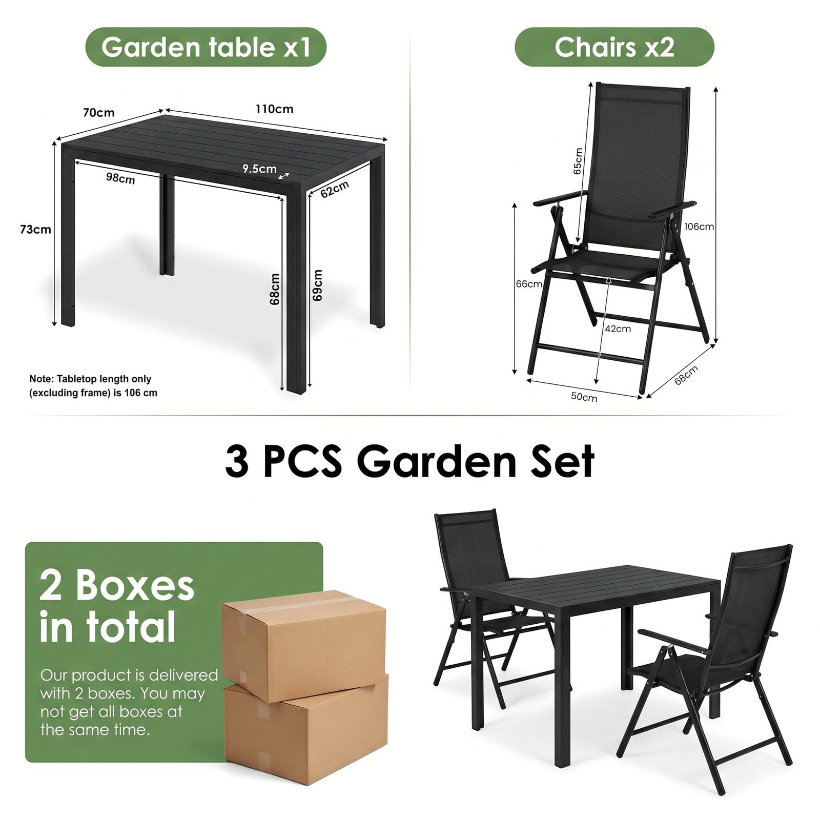 LIFERUN 3-teilig Gartenmöbel Set, Balkonmöbel & Sitzgruppe Outdoor, Schwarz | mit 2 Verstellbare Hochlehner Klappstühle und 110x70cm WPC Wetterfest Rechteckiger Terrassentisch