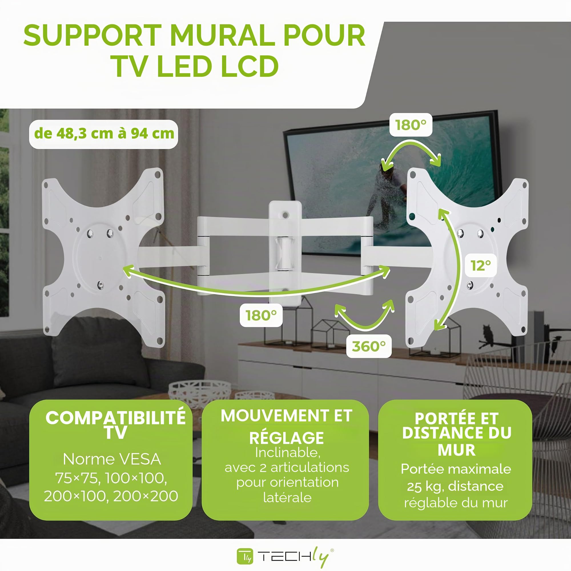 Techly ICA-LCD 2903WH Support Mural métallique pour écran Plat de 75 x 75,100 x 100,200 x 100, 200 x 200 mm Blanc 0-12° 94 cm