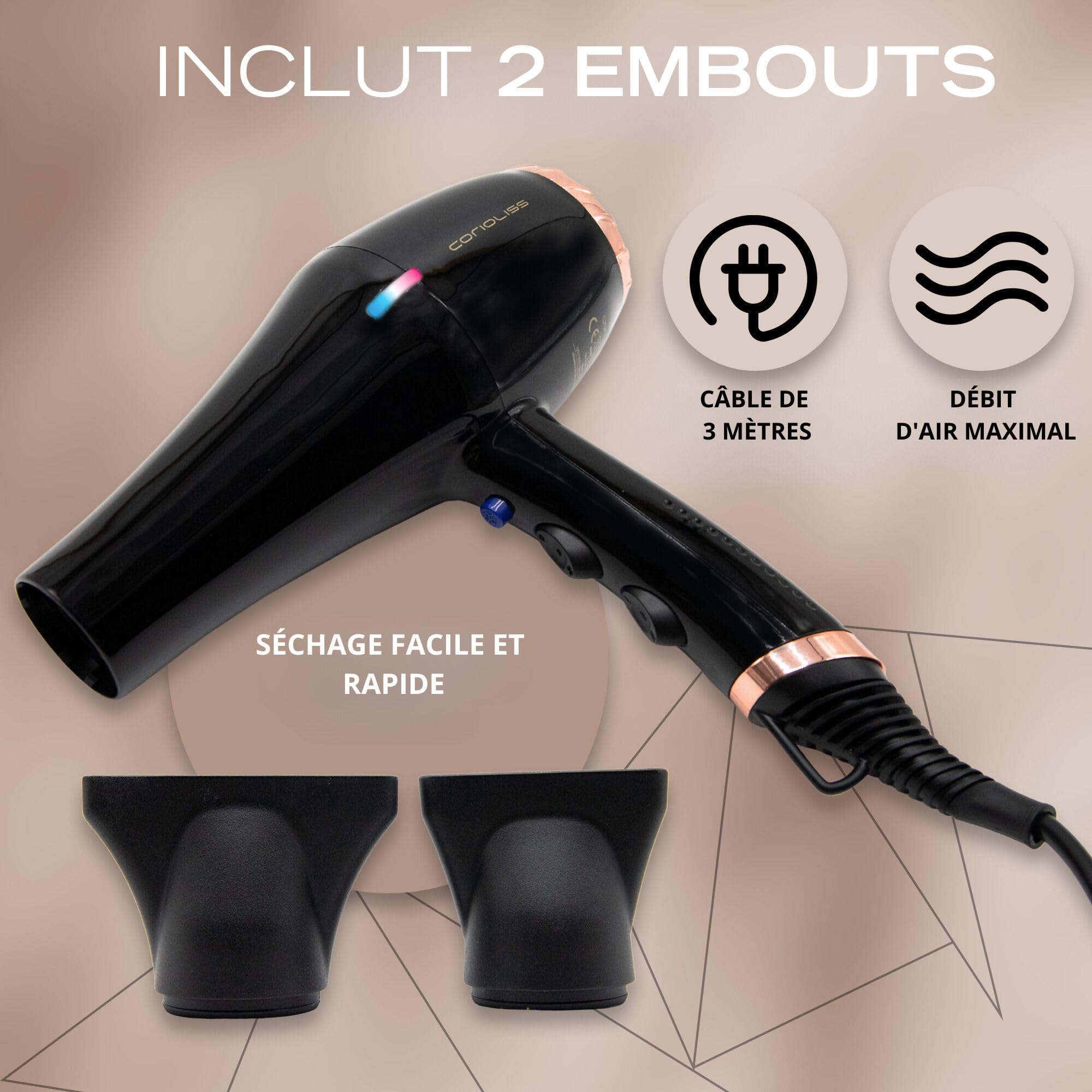 Corioliss Sèche-Cheveux Professionnel Ionique FLOW+ Black Copper 2000 W avec 3 réglages de température et 2 vitesses.