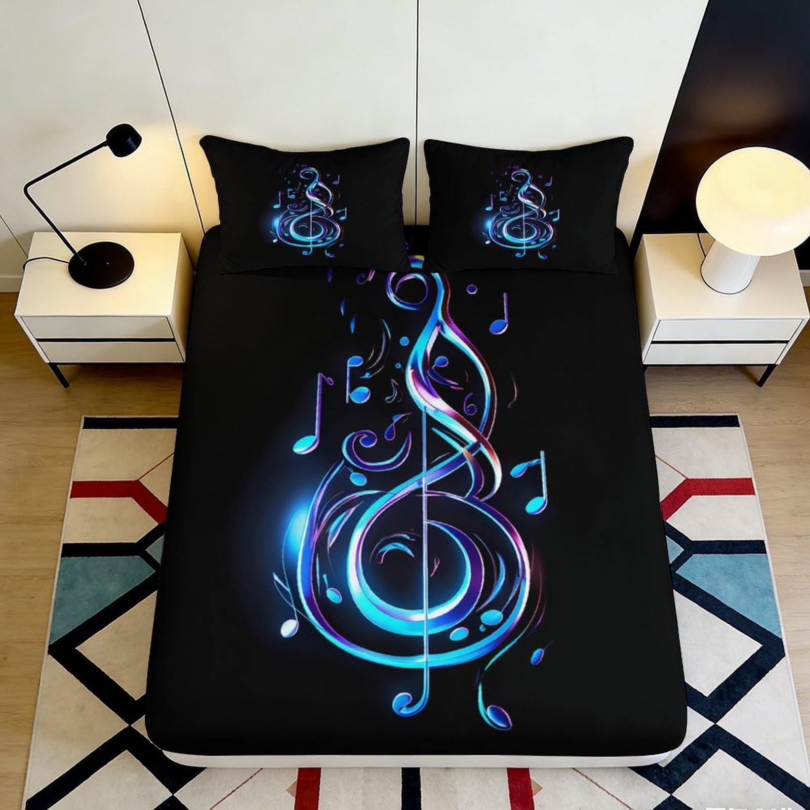 Pnayamiorkfel Style-8 3D Printed Neon Music Note Fitted Sheet Microfiber Soft Black Bed Cover For Bedroom Dorm Mattress Protection 90X200x25cm