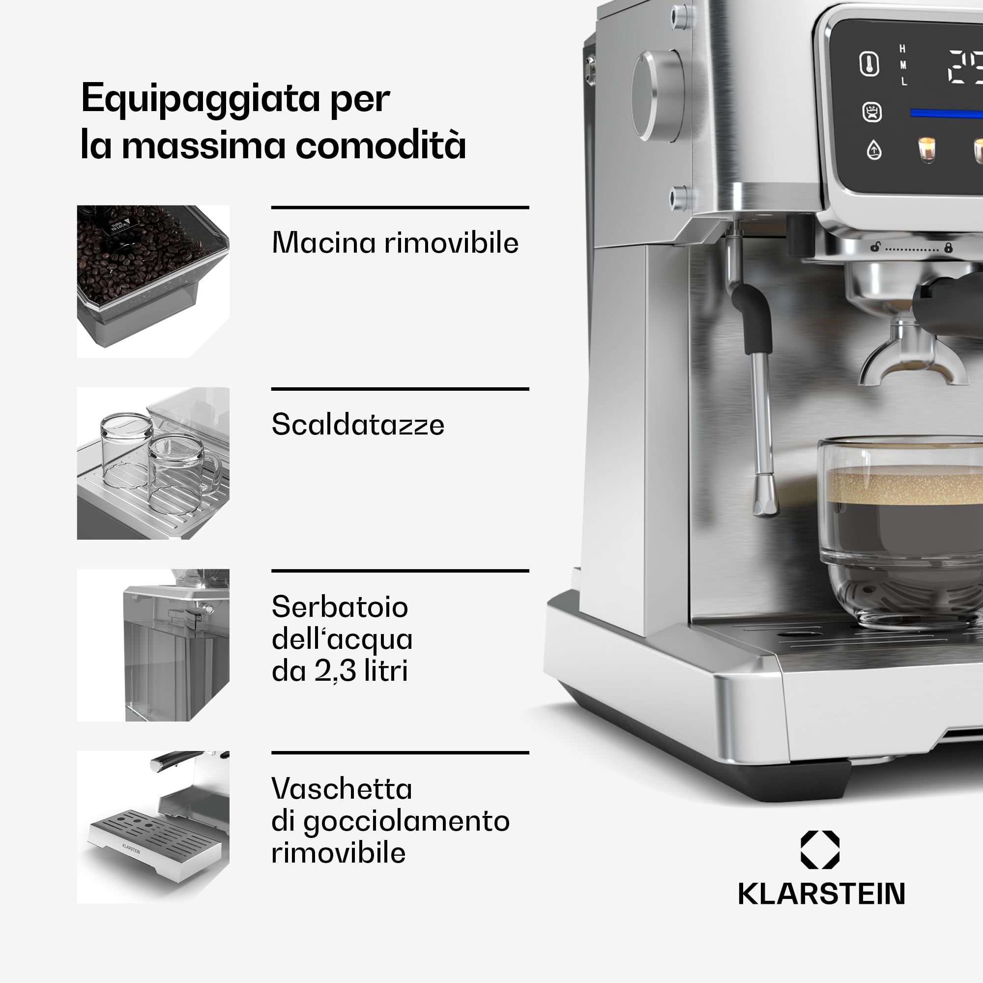 Klarstein GrandPresso Touch - Macchina da Caffè Espresso, 20 Bar, Macinino Integrato, Display Touch, Serbatoio da 2,3L, Acciaio Inox, Funzione Vapore, Senza Capsule, Personalizzazione delle Bevande