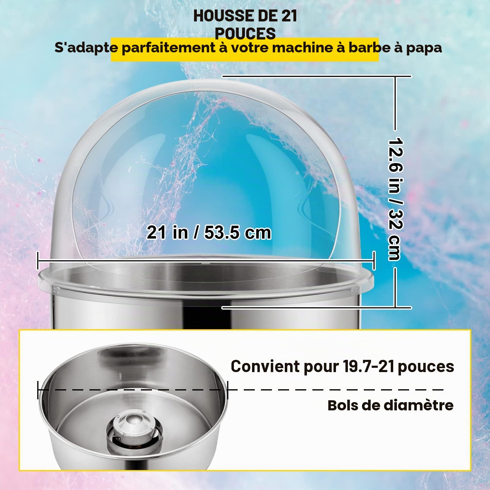 VBENLEM Couvercle pour Machine à Barbe à Papa de 53,5 x 53,5 x 32 cm Dôme Transparent en Acrylique Épais Section de Service Bouclier de Sécurité pour Machine à Barbe Papa Commerciale (Couvercle Seul)