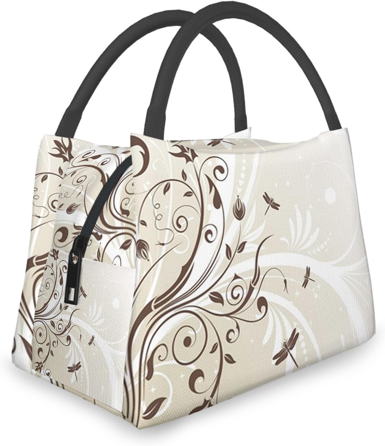 Fubido Flower Leaves,Reusable Lunch Bag for Women Men,Flower Petals Swirled Branches,Simple Lunch Tote Bag Modern Insulated Lunch Box for Work Office Travel Picnic,Brown