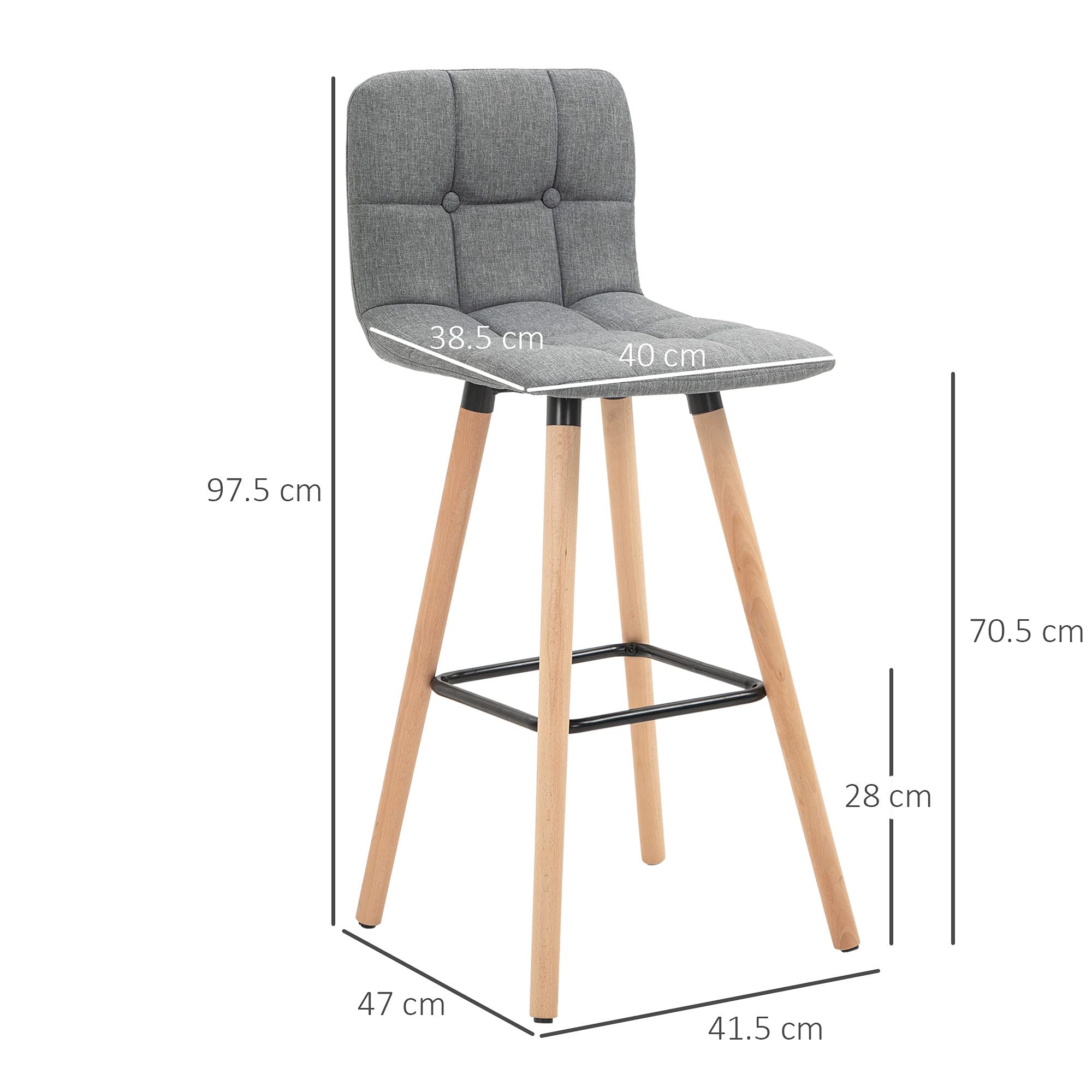 HOMCOM Set 2 Sgabelli da Bar con Schienale e Poggiapiedi, Grigio | Sgabelli Cucina, Seduta Imbottita in Tessuto e Gambe in Legno, 41.5x47x97.5