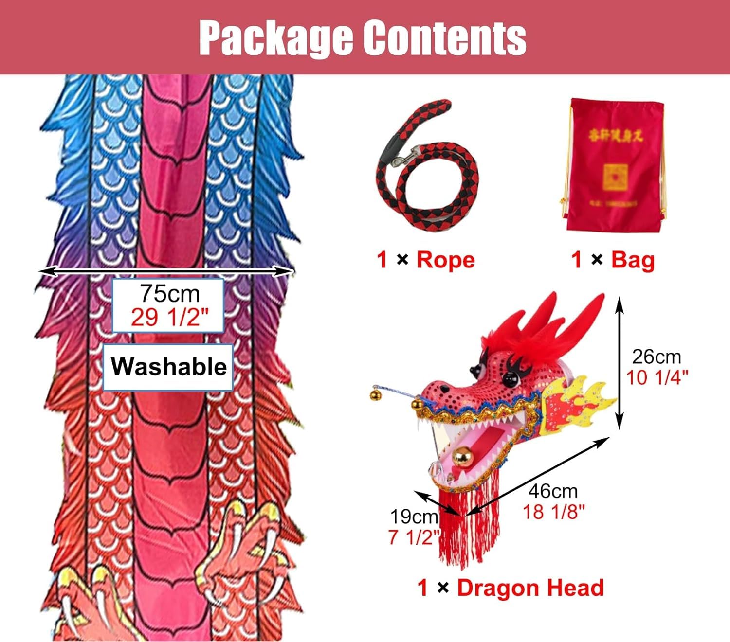 Serpentina de cinta Dragon Dance con cabeza desmontable