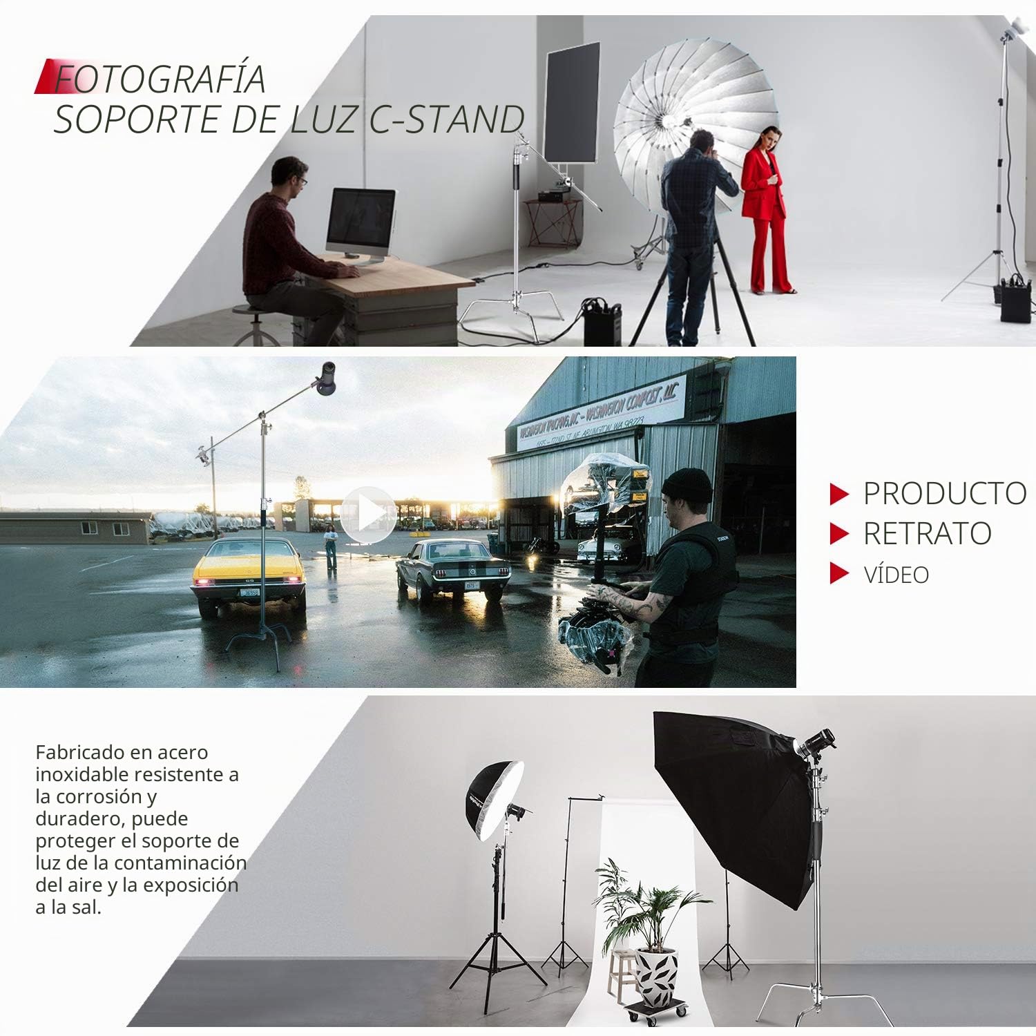 NEEWER Soporte Luz en C 3m,Tripode C Stand y Brazo Extensión 1,2m Cabeza Agarre 2 Piezas y Bolsa,Soporte de Iluminación para Fotografía Estudio Softbox Reflector Paraguas Monolight(Versión Básica)