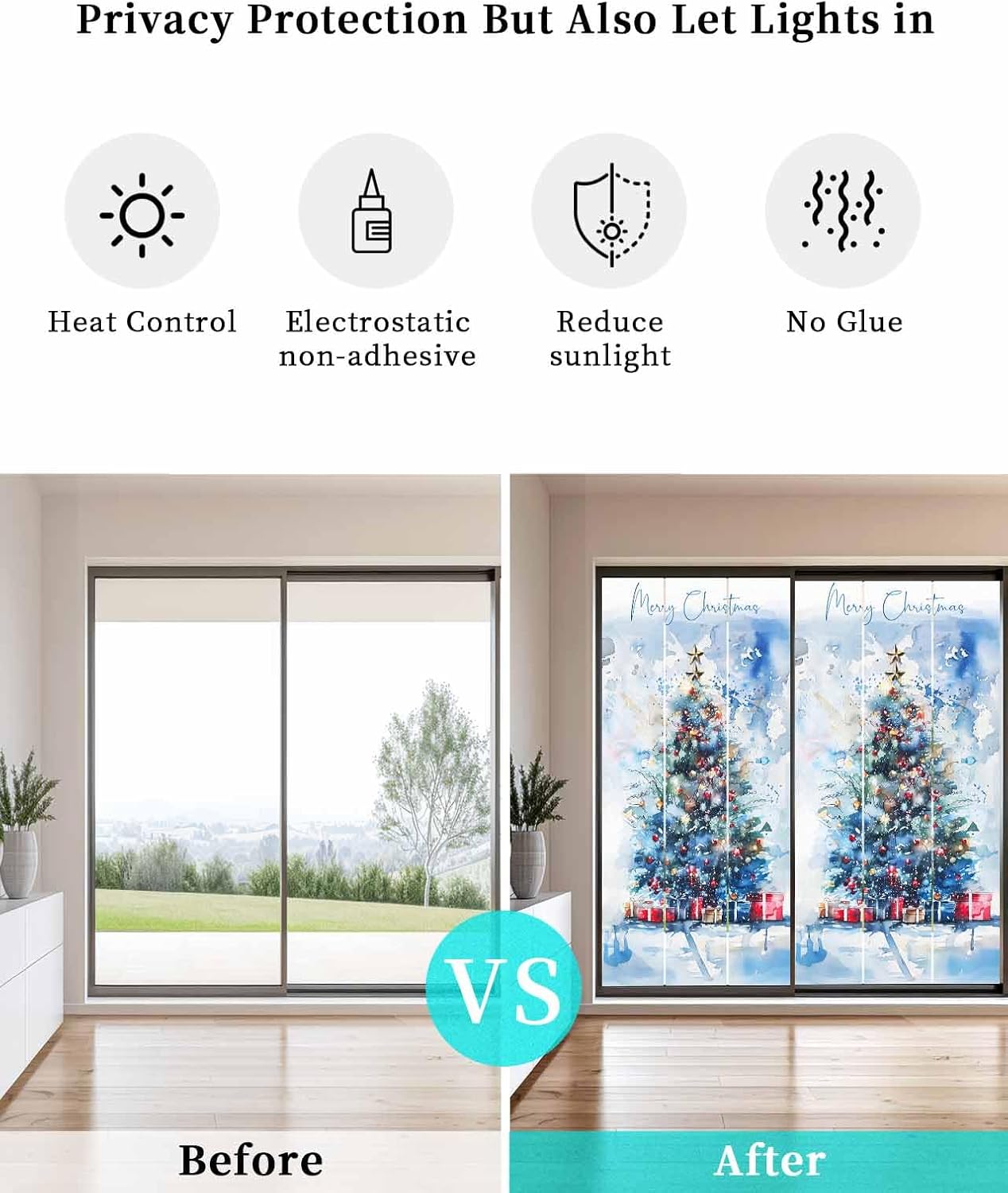 Merry Christmas Tree Stained Glass Window Film - Decorative Static Window Cling for Glass Door, Bathroom - Blue Watercolor Xmas Theme - 29.5"x78.7"