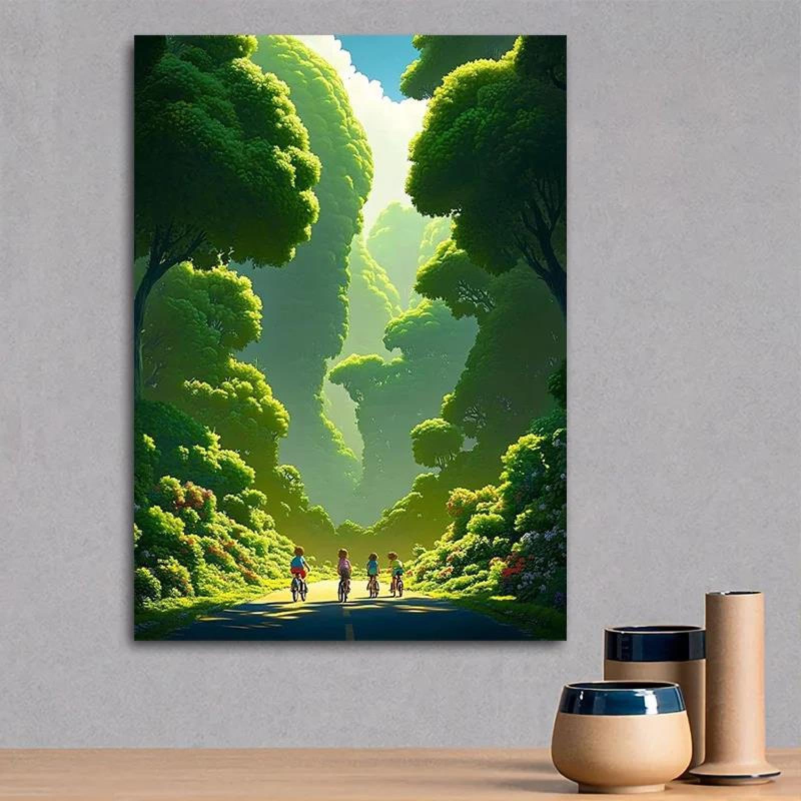 Yocheng Children Riding Bicycles In Forest Wall Art- Vibrant Canvas Print With Sunlit Tree Canopy 21x30cm No Frame