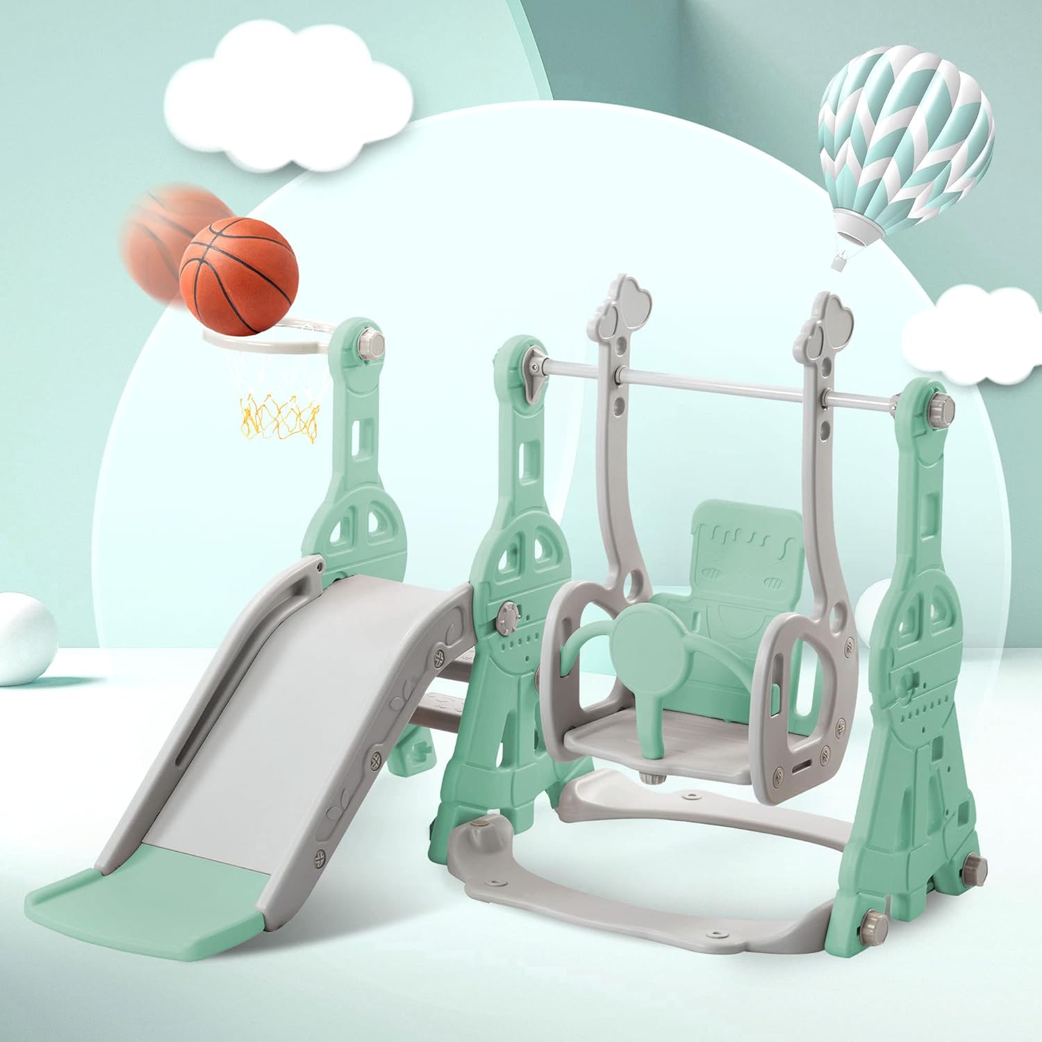 Merax Toboggan pour enfants, 4 en 1, balançoire, panier de basket