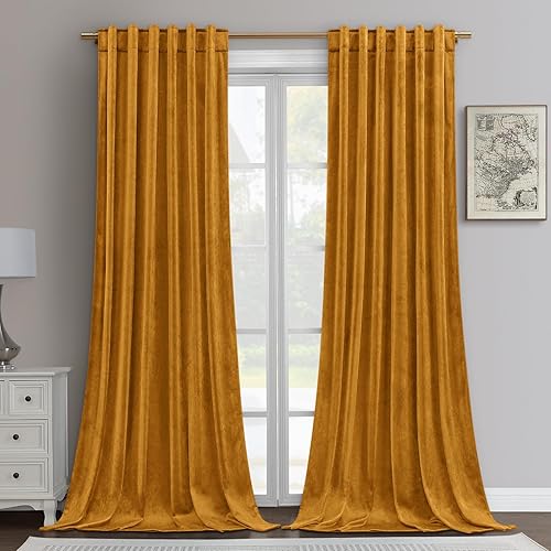 HOMEIDEAS Cortinas de terciopelo amarillo mostaza de 52 x 96 pulgadas, 2 paneles gruesos y lujosos para oscurecer la habitación, cortinas de ventana