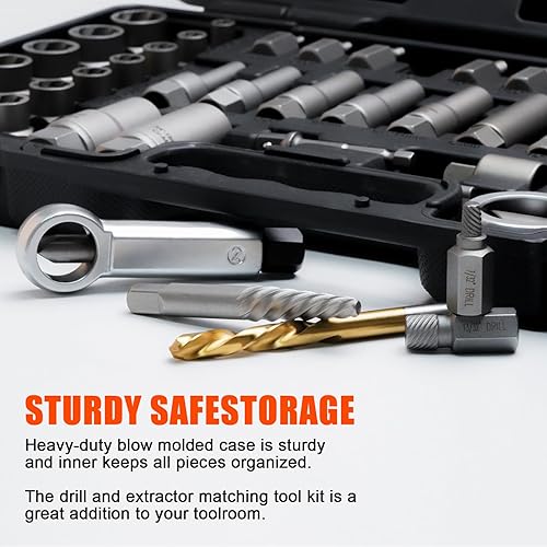 Miniatura 10 de Juego de 26 extractores de pernos y broca para zurdos, extractor de tornillo fácil de sacar con juego de extractor de brocas inversas para tuercas