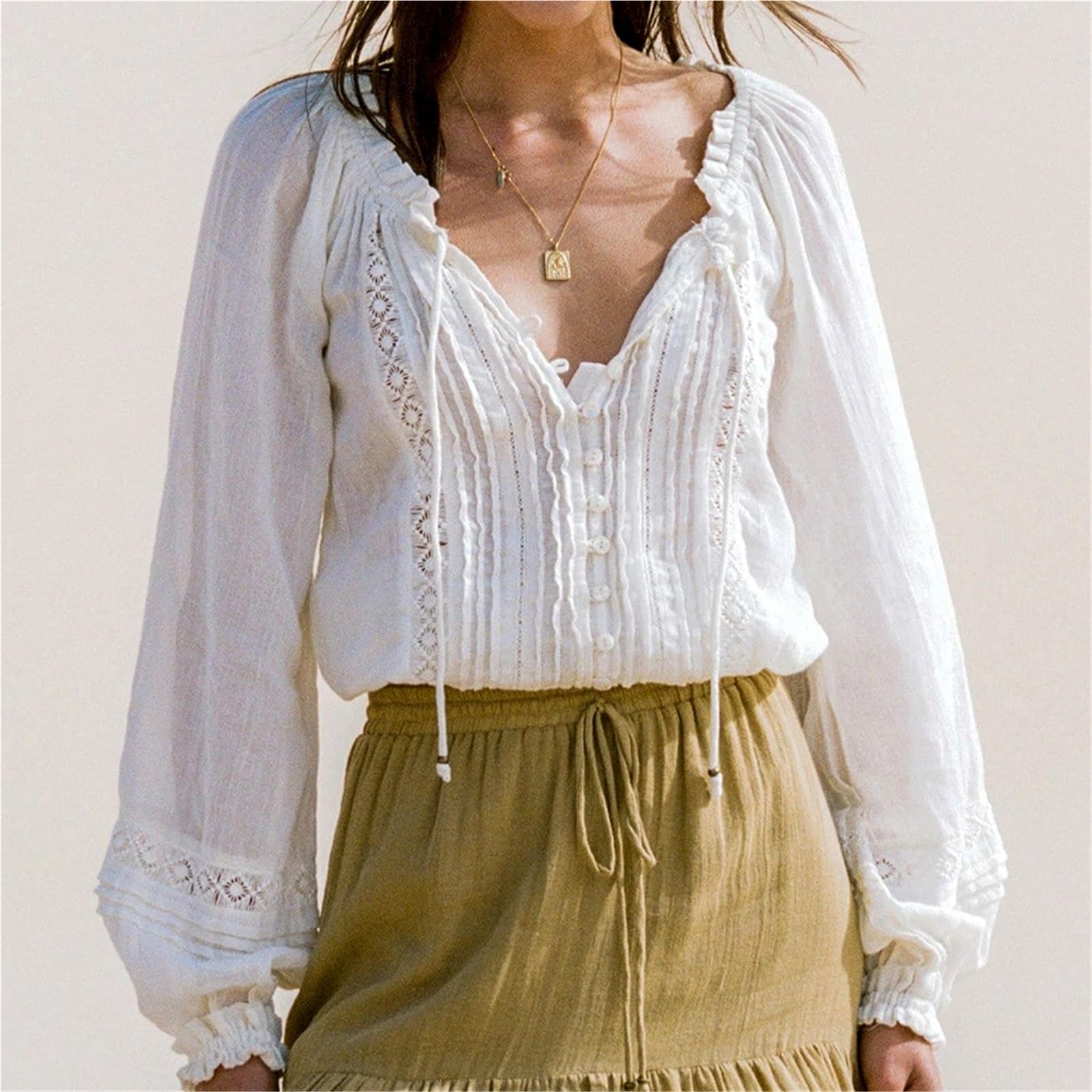 Copricostume Donna Camicette In Pizzo Con Scollo A V A Maniche Lunghe | Top da donna vintage camicetta bianca Party Lady Blusas(White2,XL)