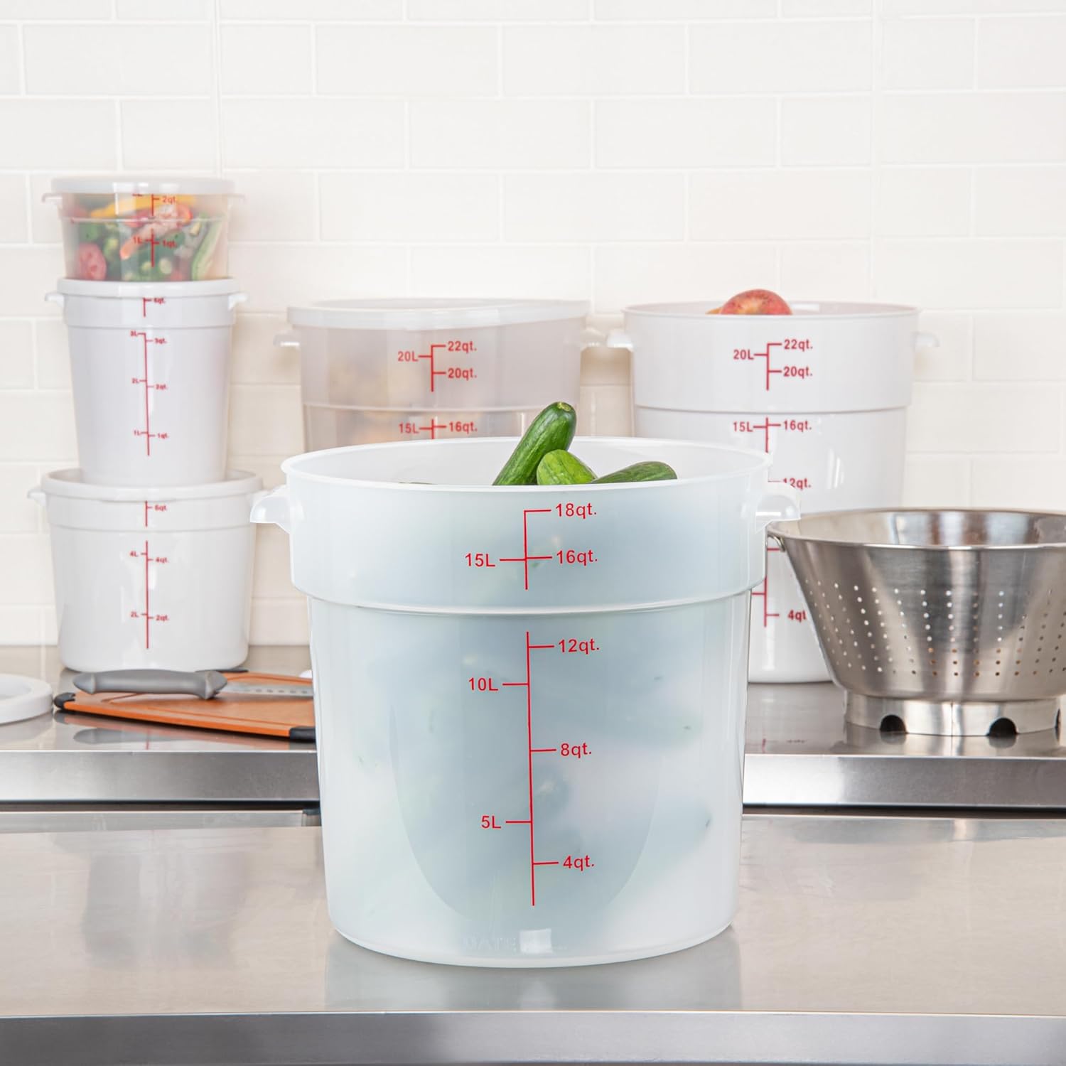 restaurantware-met lux 18 quart food storage container, 1 translucent storage container - lids sold separately, red volume markers, dishwashable container, side handles, for storing foods 1 count 18 qt translucent