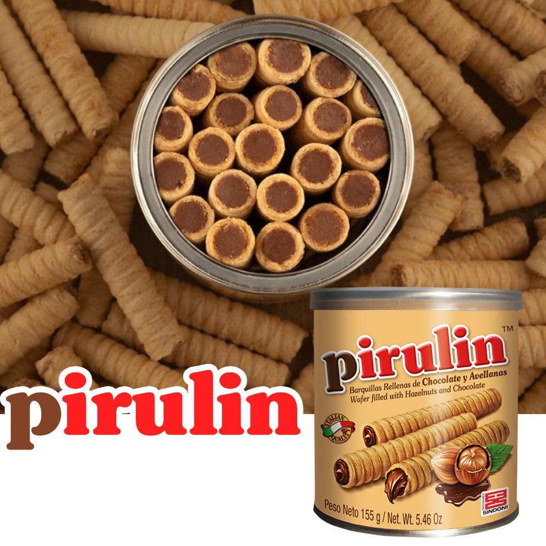 Pirulín Sindoni Pack de 2 Latas 155 g c/u | Barquillos Rellenos de Crema de Chocolate y Avellana | Snack Dulce Venezolano | Ideal para Compartir o Regalar