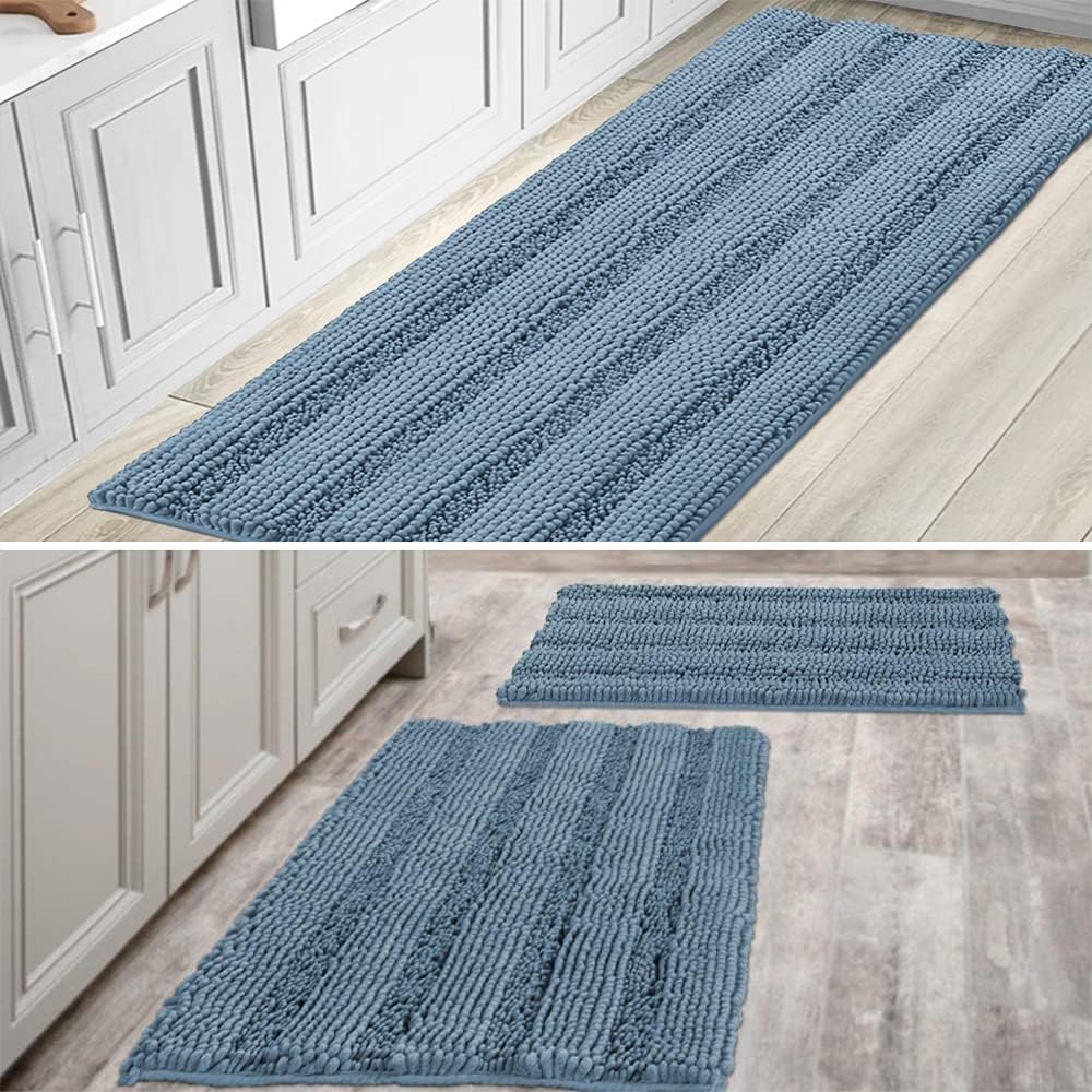 H.VERSAILTEX Item Striped Chenille Rug Pack 2-20" x 32"/17" x 24" and Pack 1-59" x 20" Bundle, Stone Blue