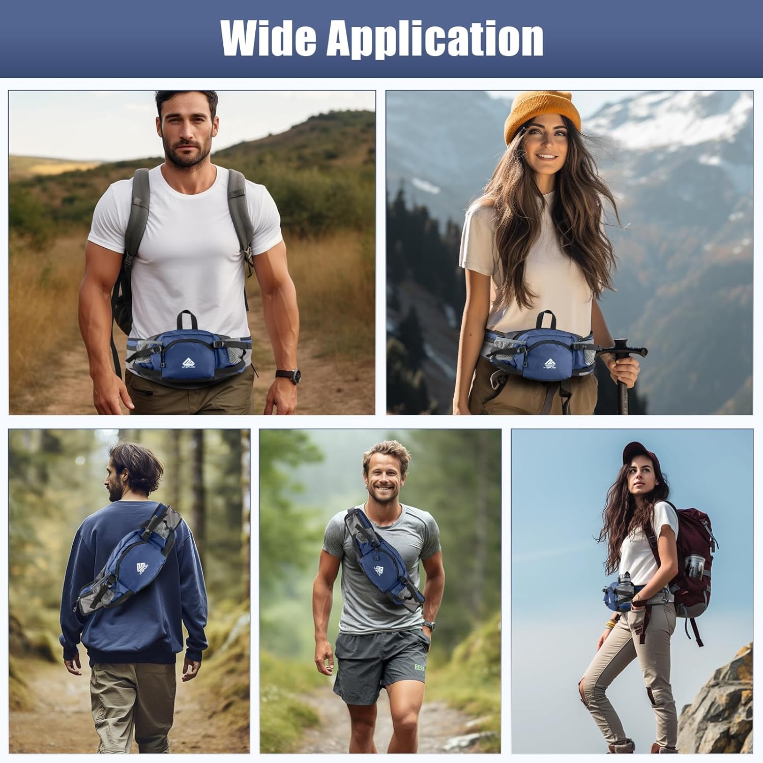 Fanny Pack Waist Bag with Water Bottle Holder for Men Women Running Hiking Travel Dog Walking Workout Cycling Outdoor (Dark Blue) - Image 2