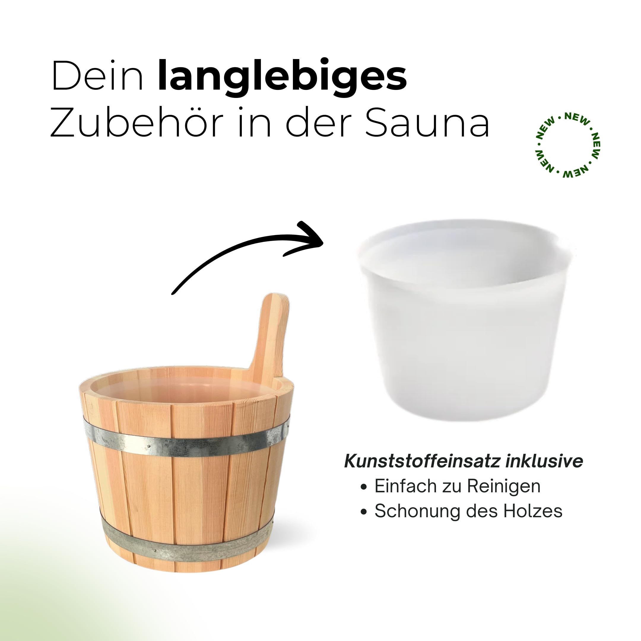 wellow® Sauna-Eimer mit Kelle 5 L – Saunaeimer aus 100% nordischer Fichte, naturbelassen – inkl. auslaufsicherem Einsatz & Holzgriff – Saunazubehör Aufguss-Set in deutscher Qualität