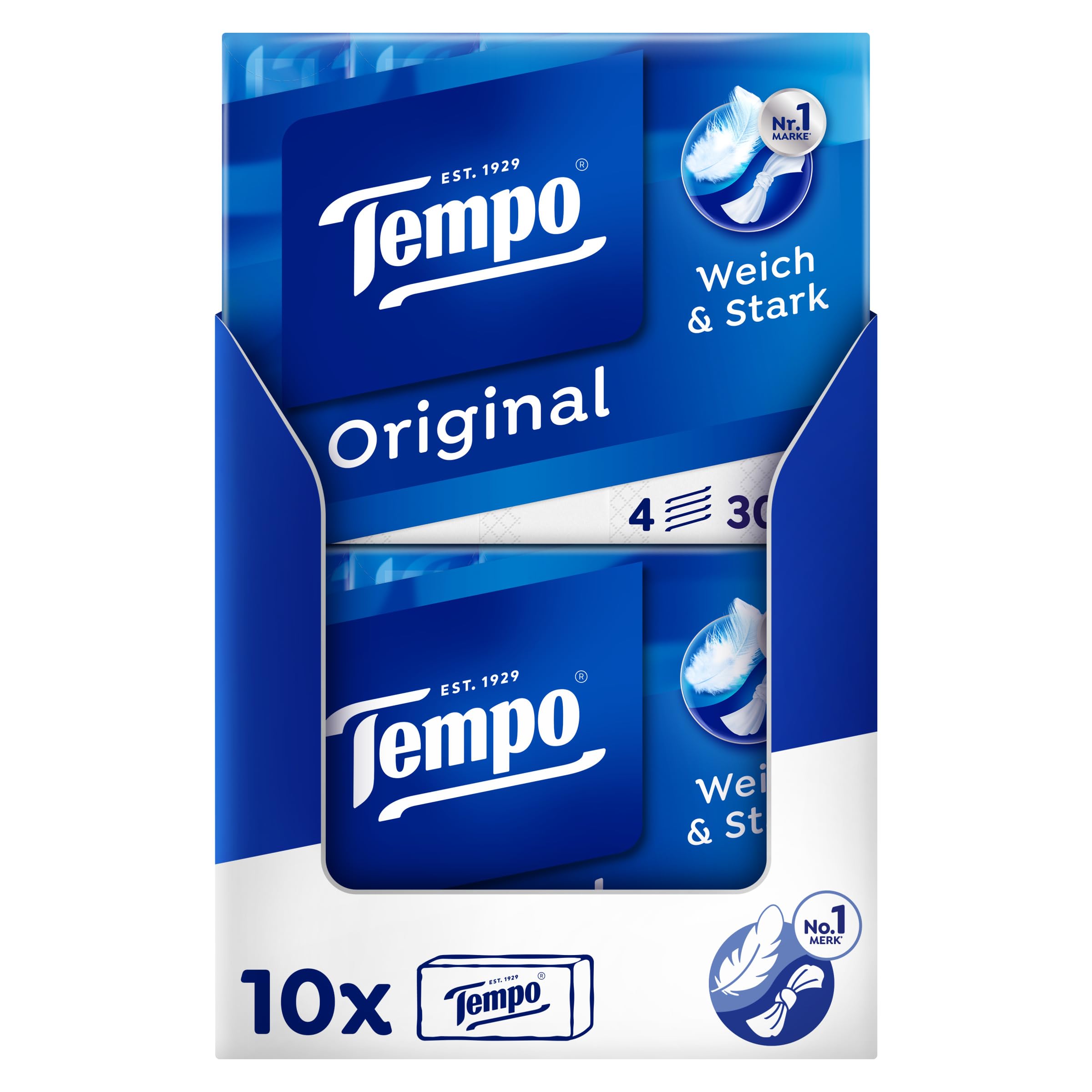 Tempo Oryginalne chusteczki higieniczne - megapak - 10 opakowań po 30 opakowań x 10 chusteczek - bardzo mocne, miękkie chusteczki papierowe, nadają się do prania w pralce
