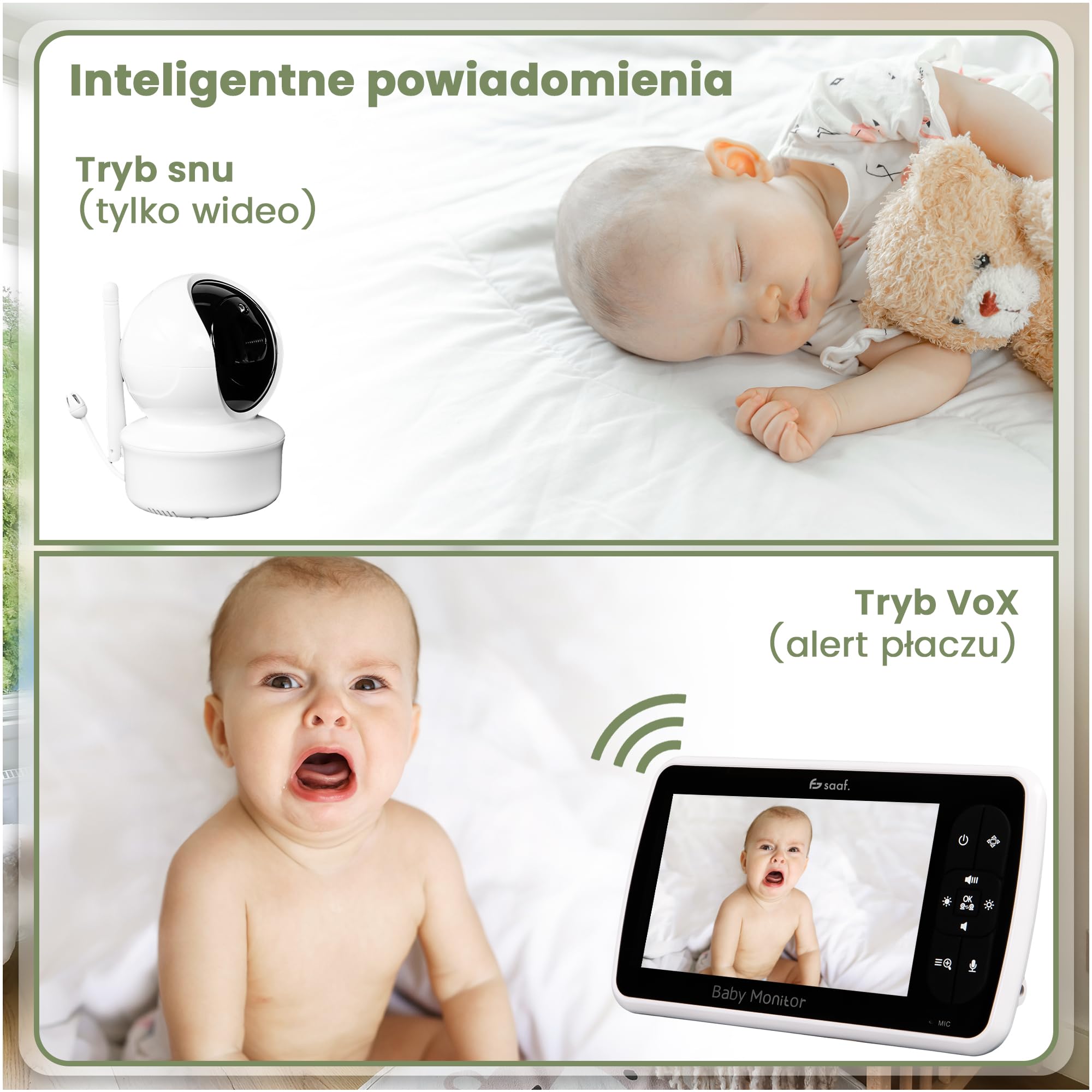 Saaf Niania Elektroniczna z Kamerą i Ekranem 5” – Obracana i Nachylana Kamera z Funkcją Zoom – Funkcja Rozmowy & Widzenie Nocne – Regulowana Jasność – Elastyczny Stojak w Zestawie