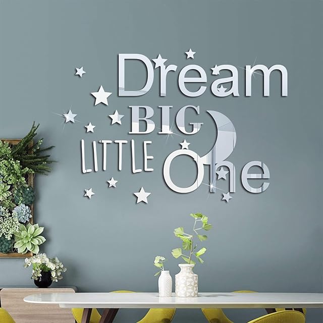 DIY 3D Acrylic Mirror Wall Stickers, MOCOLOM Dream Big Little One Mirror Combination Wall Decal, Removable Stars Moon Mural Decoration for Decor Kid Baby Nursery Home Living Room Bedroom (Silver)